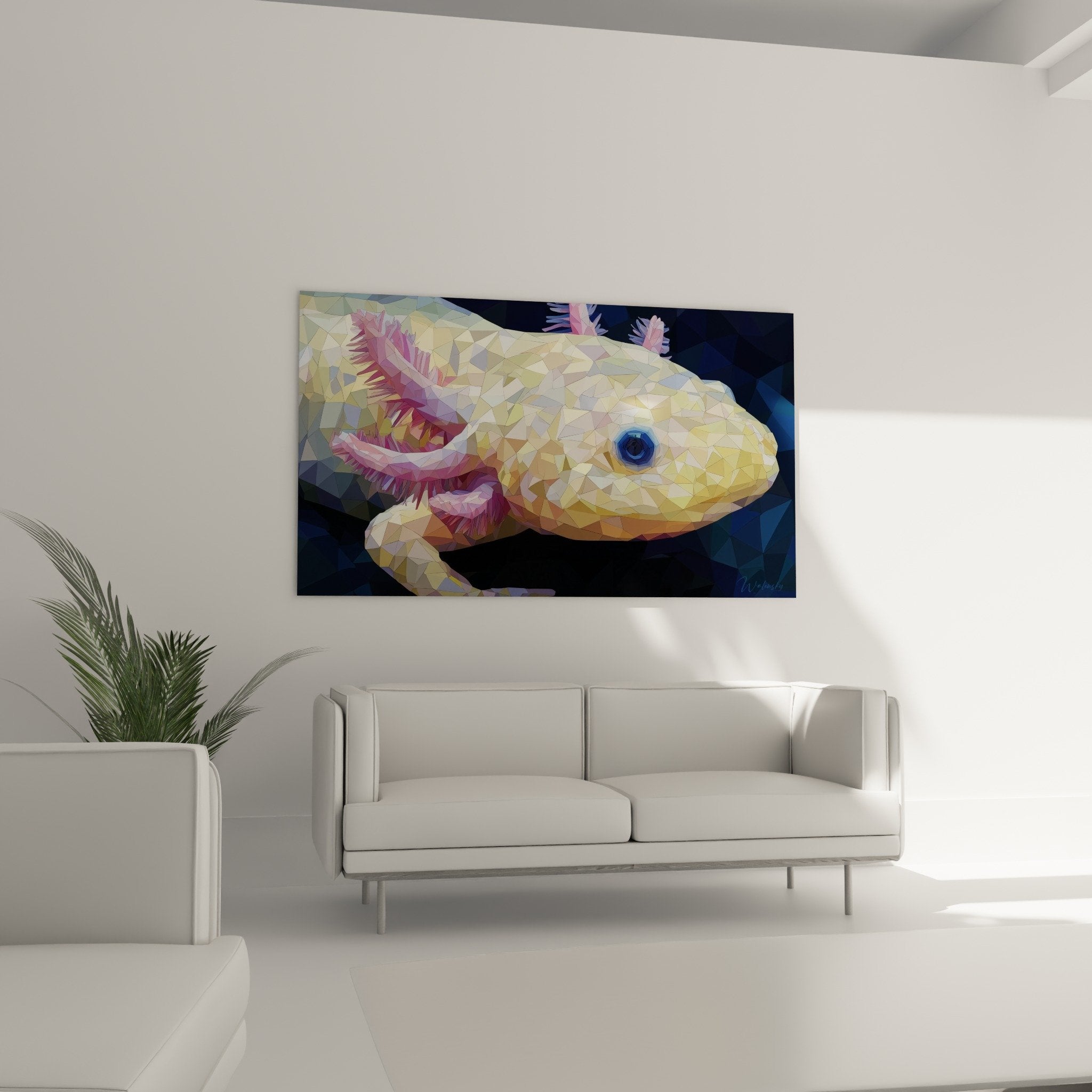 Nahaufnahme facettierter Axolotl mit geometrischen Details, rosafarbenen Kiemen, blauem Auge, digitale Kunst, goldene Polygone