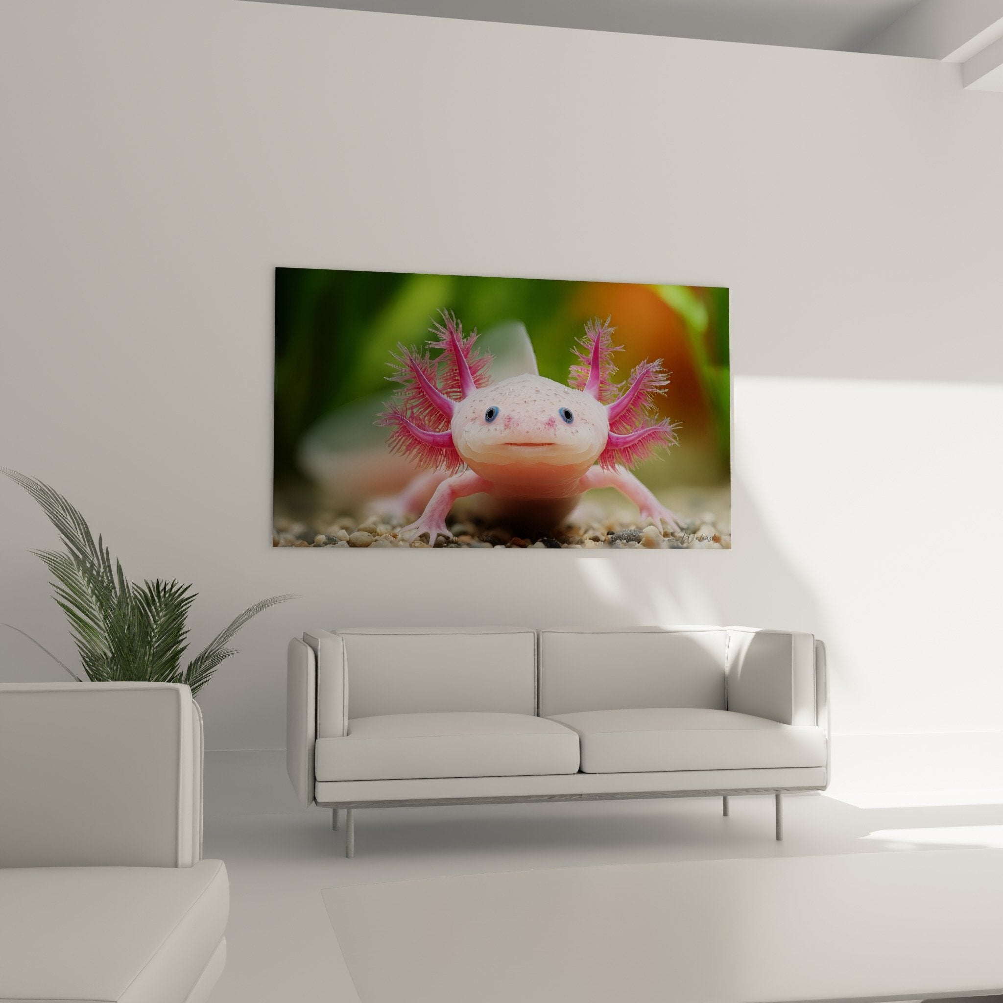 Gros plan axolotl rose yeux bleus branchies externes détaillées art animalier