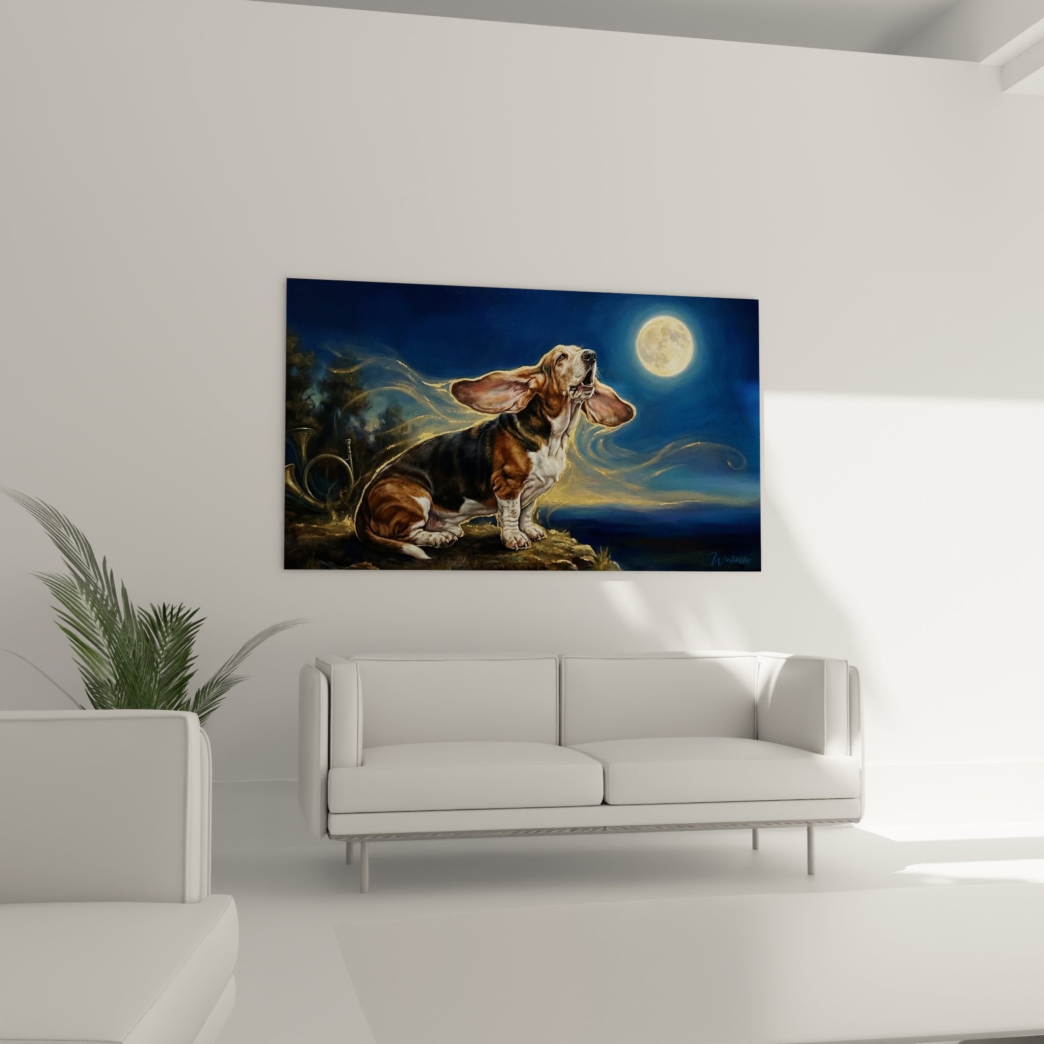 Gros plan basset hound aux longues oreilles flottantes dans volutes dorees lumineuses style pictural