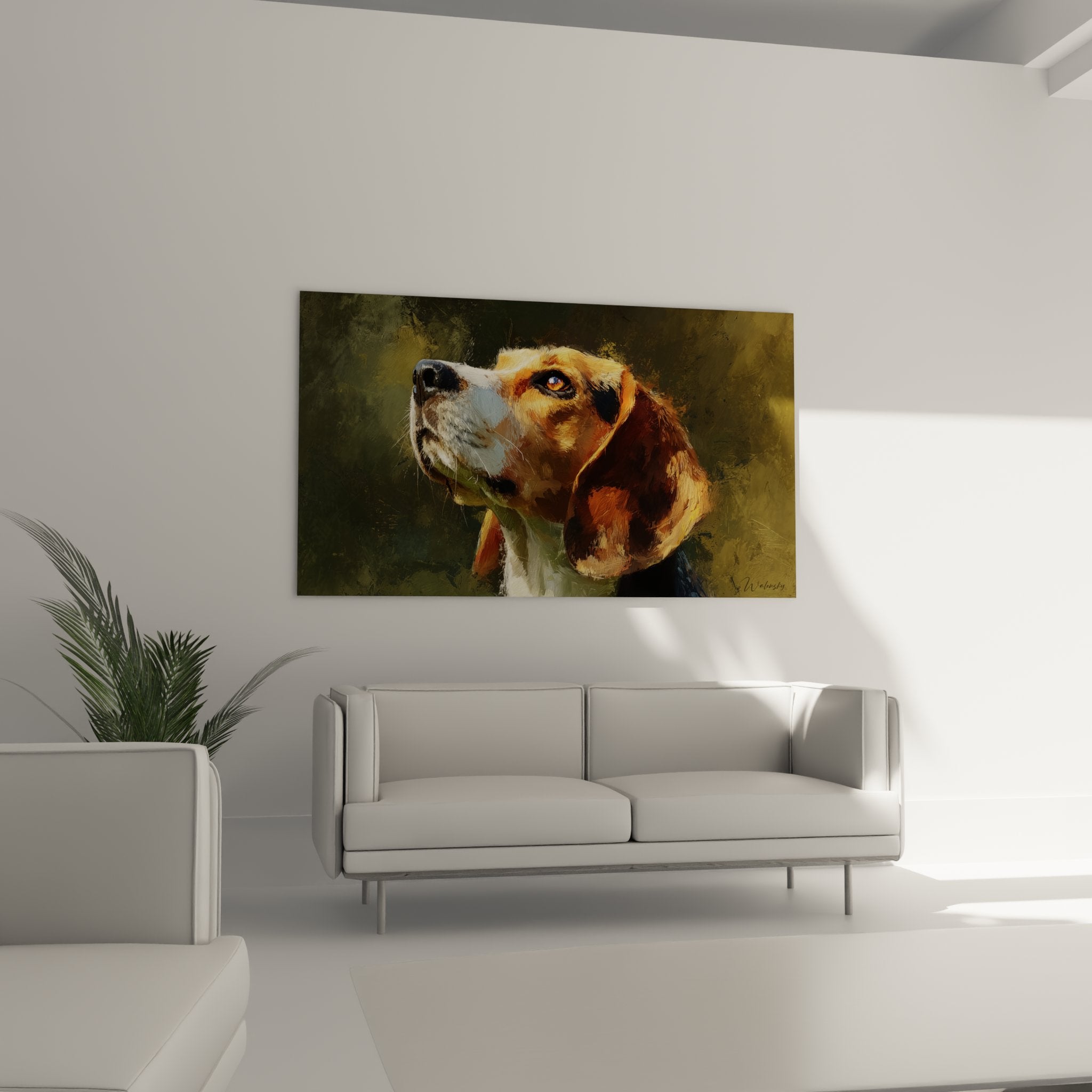 Gros plan beagle tricolore, details pelage roux cuivre, expression tendre regard ambre, peinture realiste