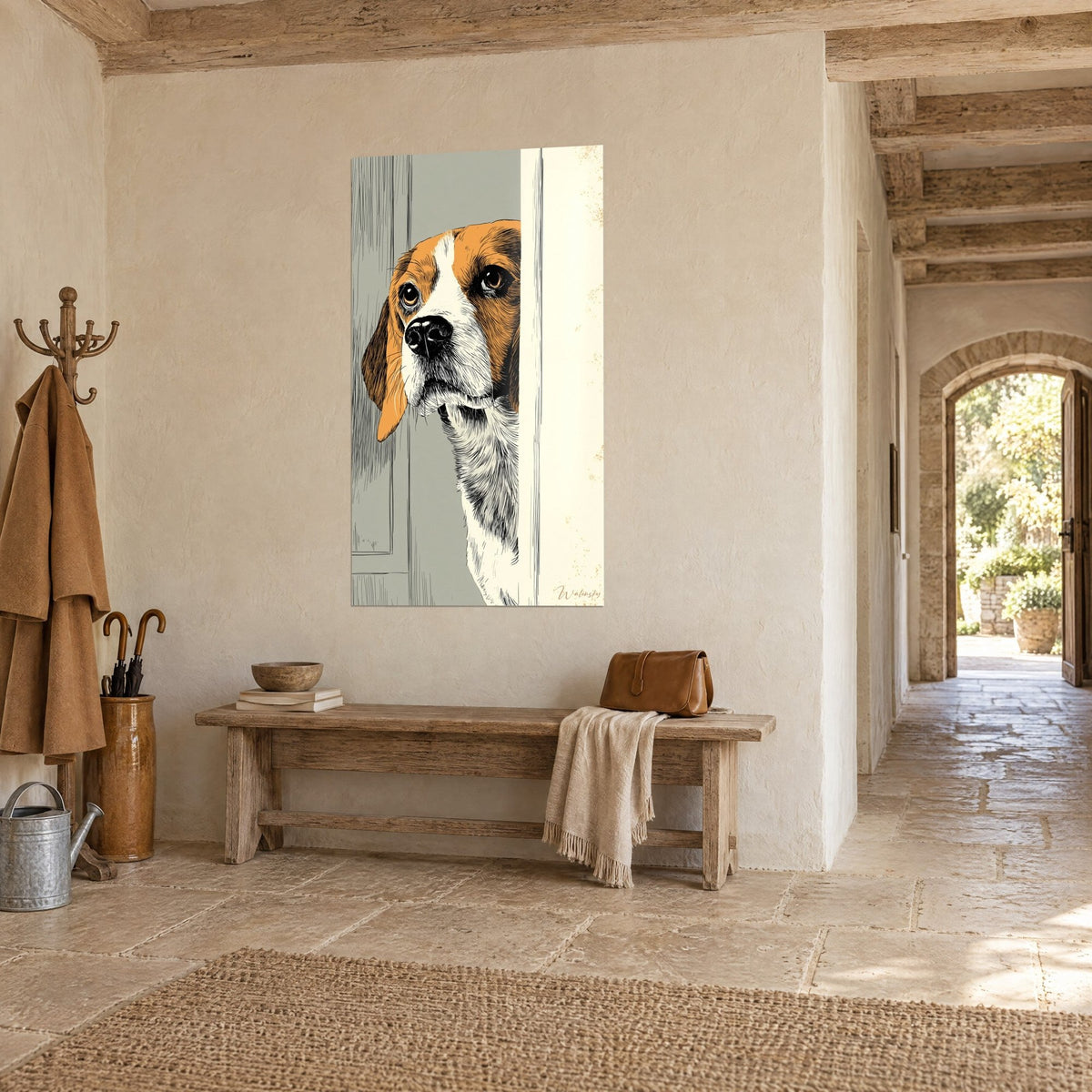 Wall art dog with tawny ears and amber eyes peeking from behind a door, sage grey background, stone entryway and wooden bench
