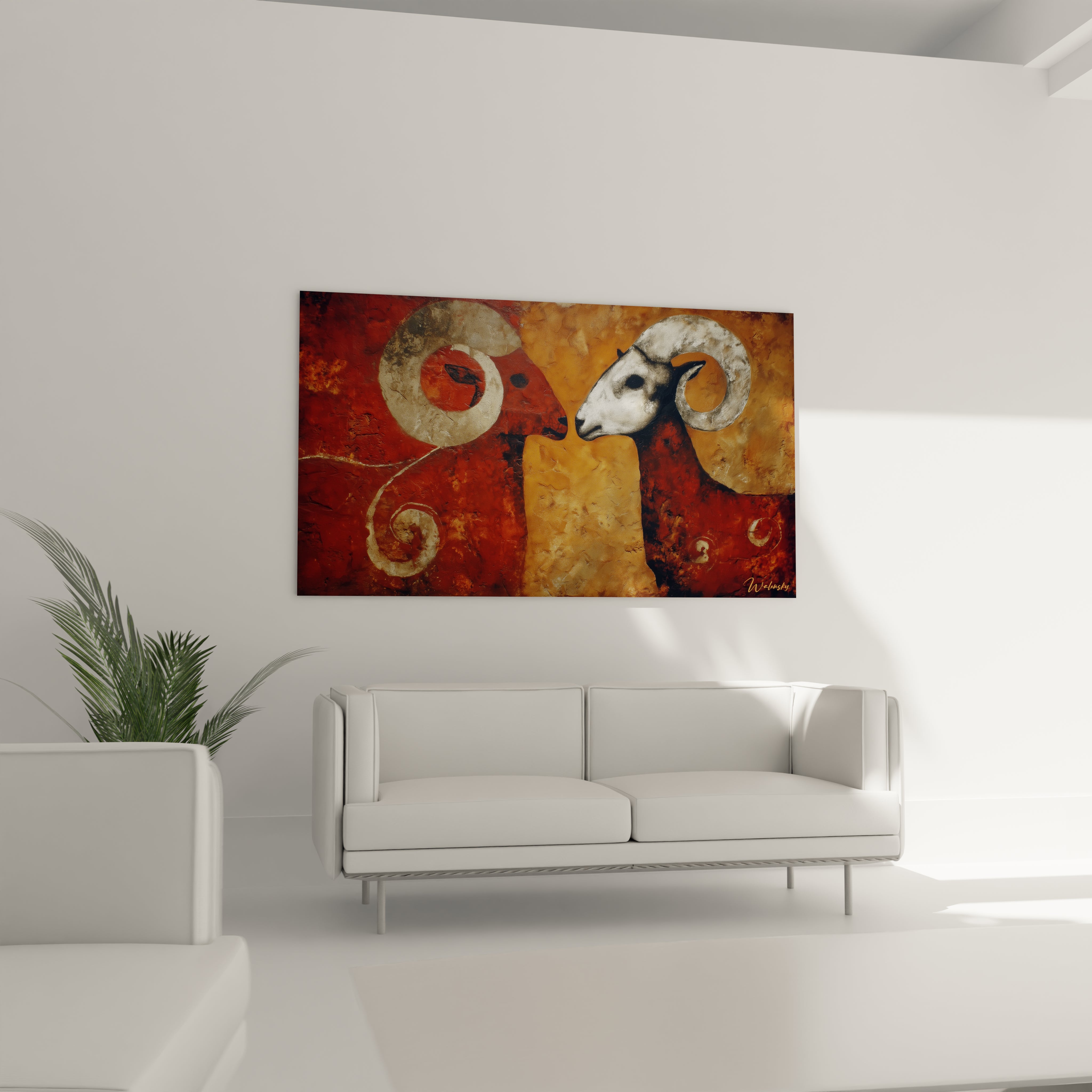 Gros plan bélier aux cornes spiralées peinture rupestre textures authentiques pigments naturels