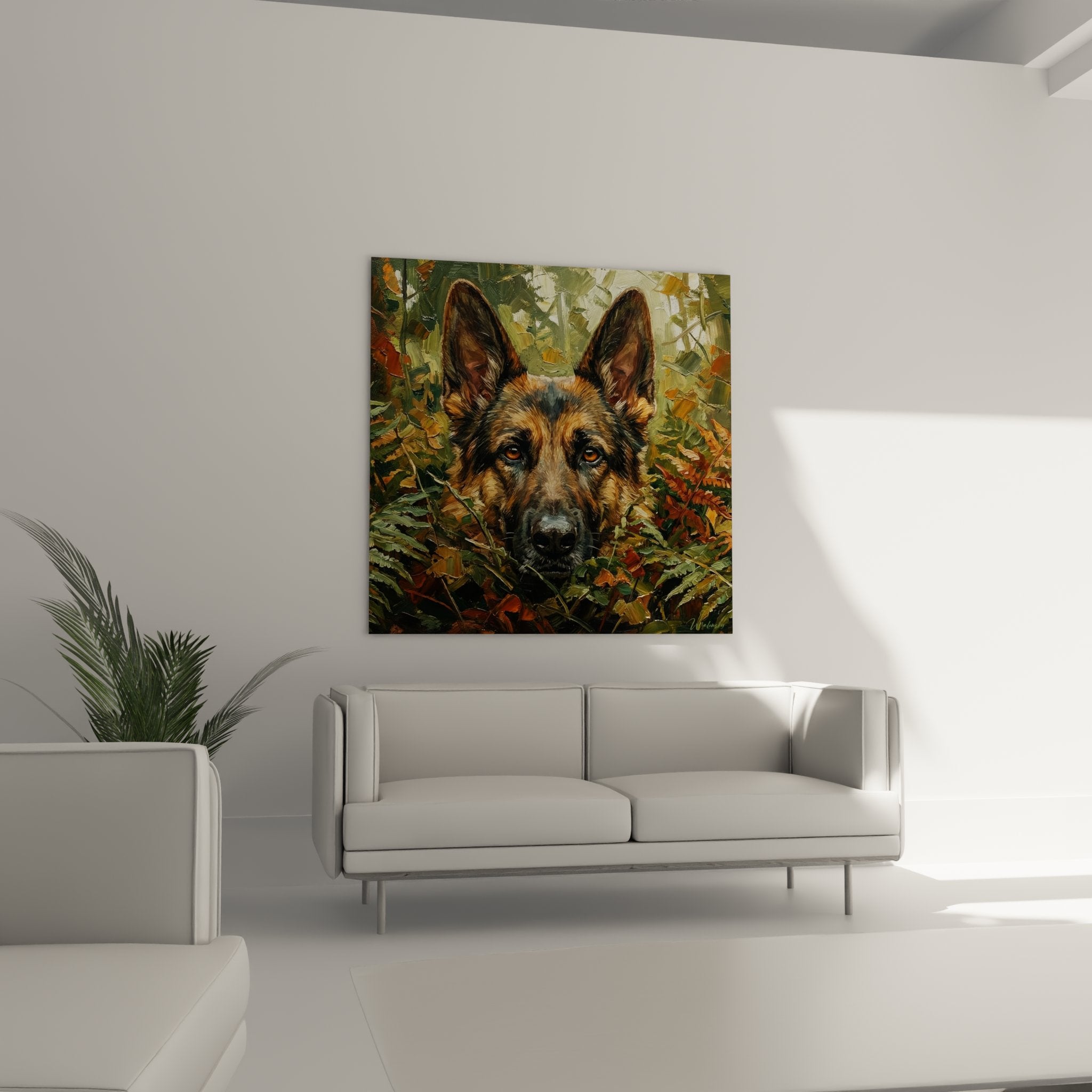 Primo piano quadro pastore tedesco sguardo intenso occhi dorati, tecnica pittorica texturizzata dettagliata