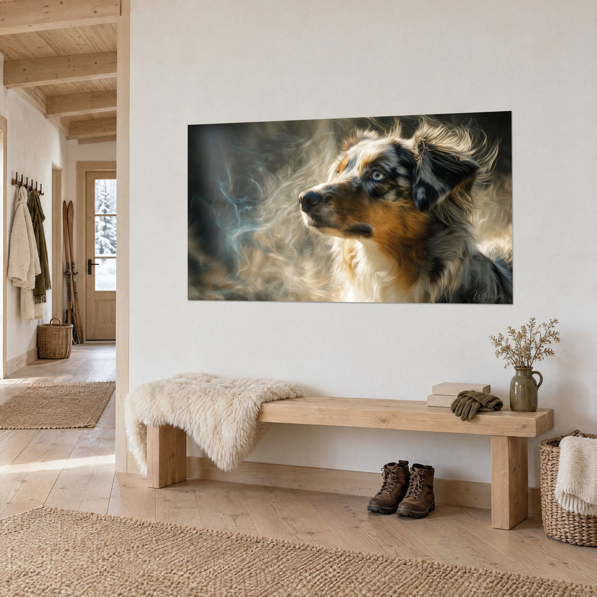 Tableau chien aux yeux bleu glacier, museau noir et robe cuivre dans des volutes de fumée grise, banc en bois d'entrée chalet