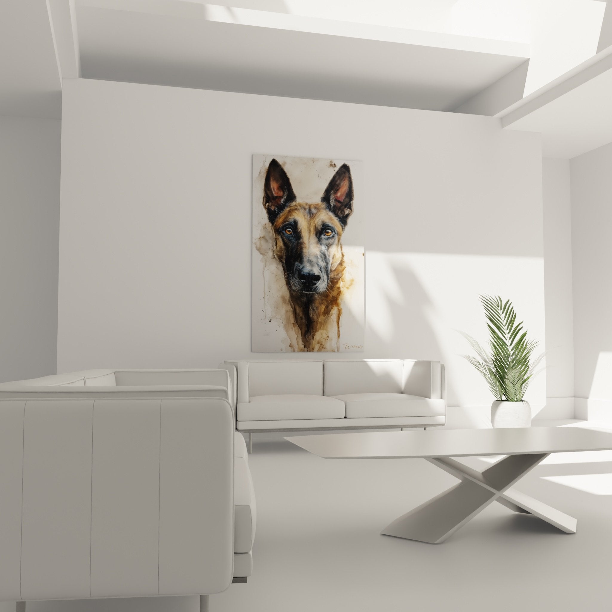 Nahaufnahme-Porträt des Belgischen Schäferhundes Malinois mit bernsteinfarbenen Augen, Details des schwarzbraun gefärbten Fells, Aquarelltechnik