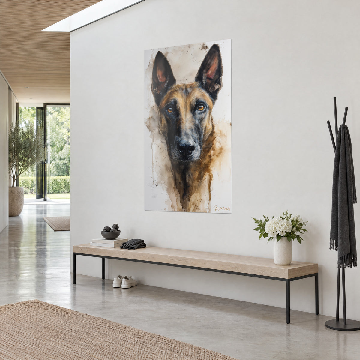 Obraz owczarek malinois z czarną maską i płowym futrem, sepiowe spływy na kremowym tle, biała ściana korytarza w ujęciu z trzech czwartych