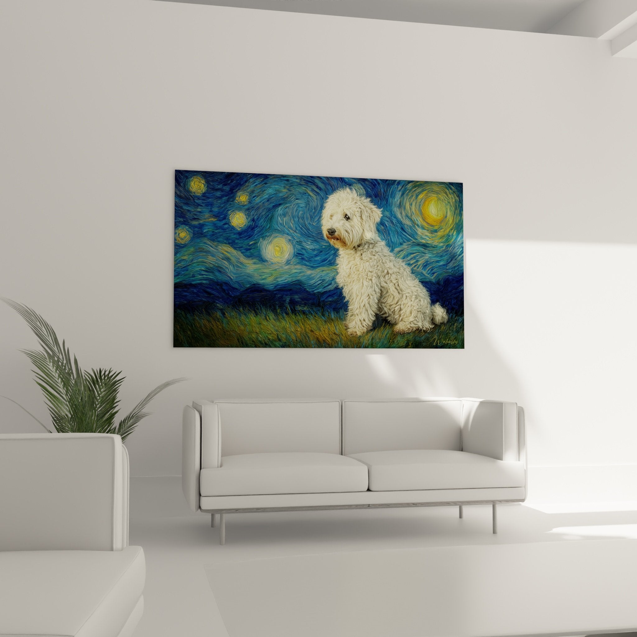 Nahaufnahme eines Bichon Frisé mit lockigem weißem Fell vor nächtlichem Himmel mit goldenen und blauen Spiralen