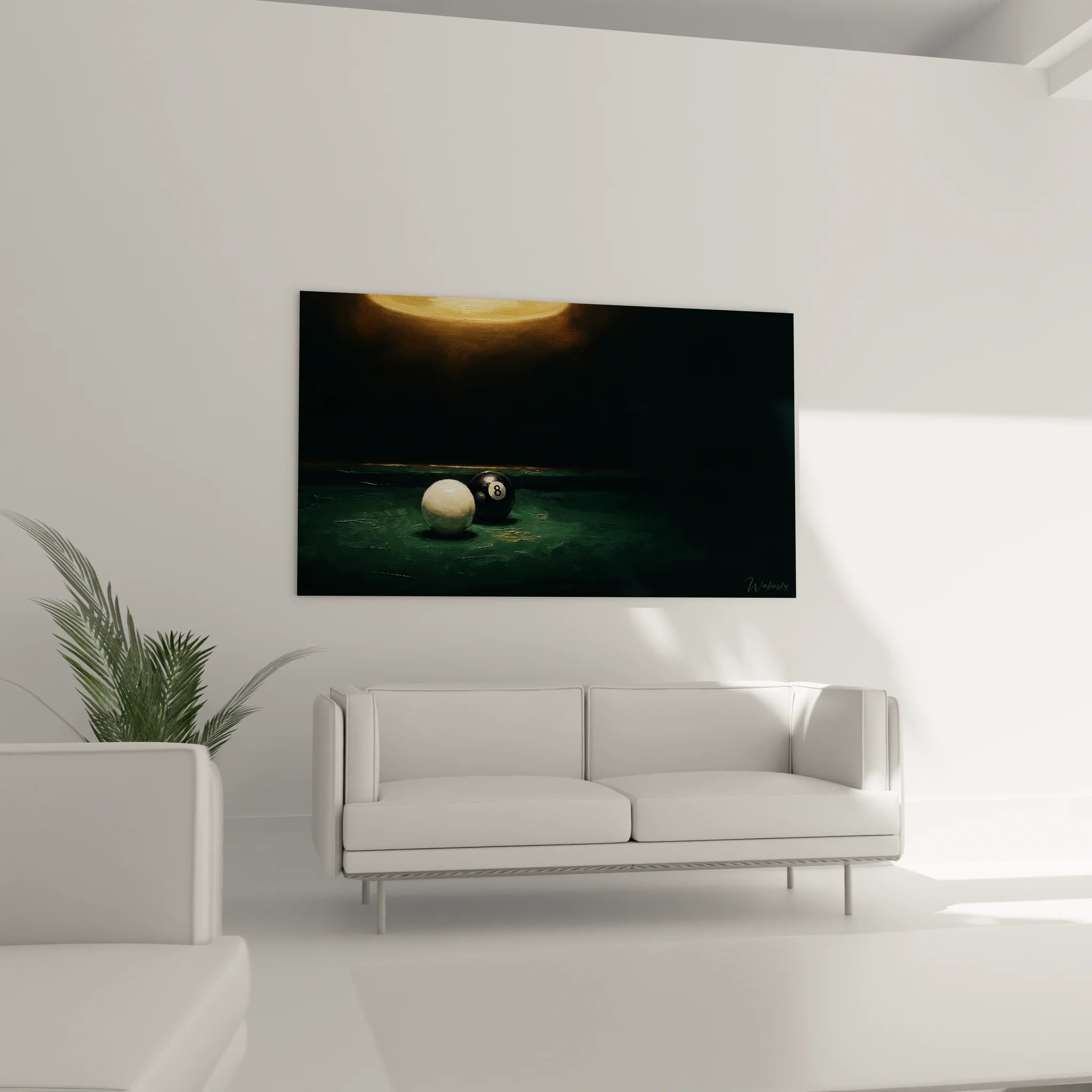 Gros plan artistique sur boules de billard 8 et blanche sous éclairage dramatique