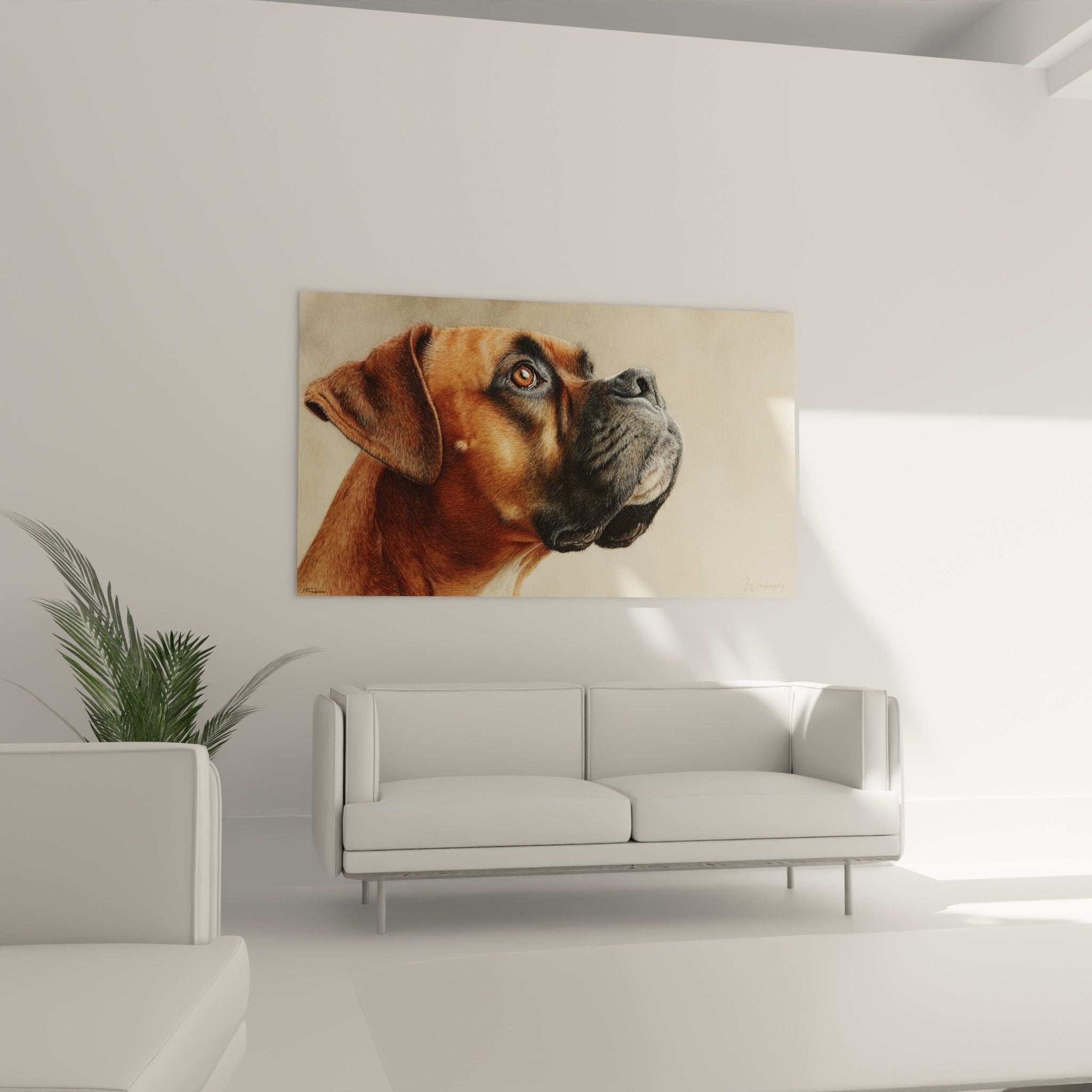 Nahaufnahme Porträt Boxer rötlich-braunes Fell bernsteinfarbene Augen nachdenklicher Ausdruck Wandkunst