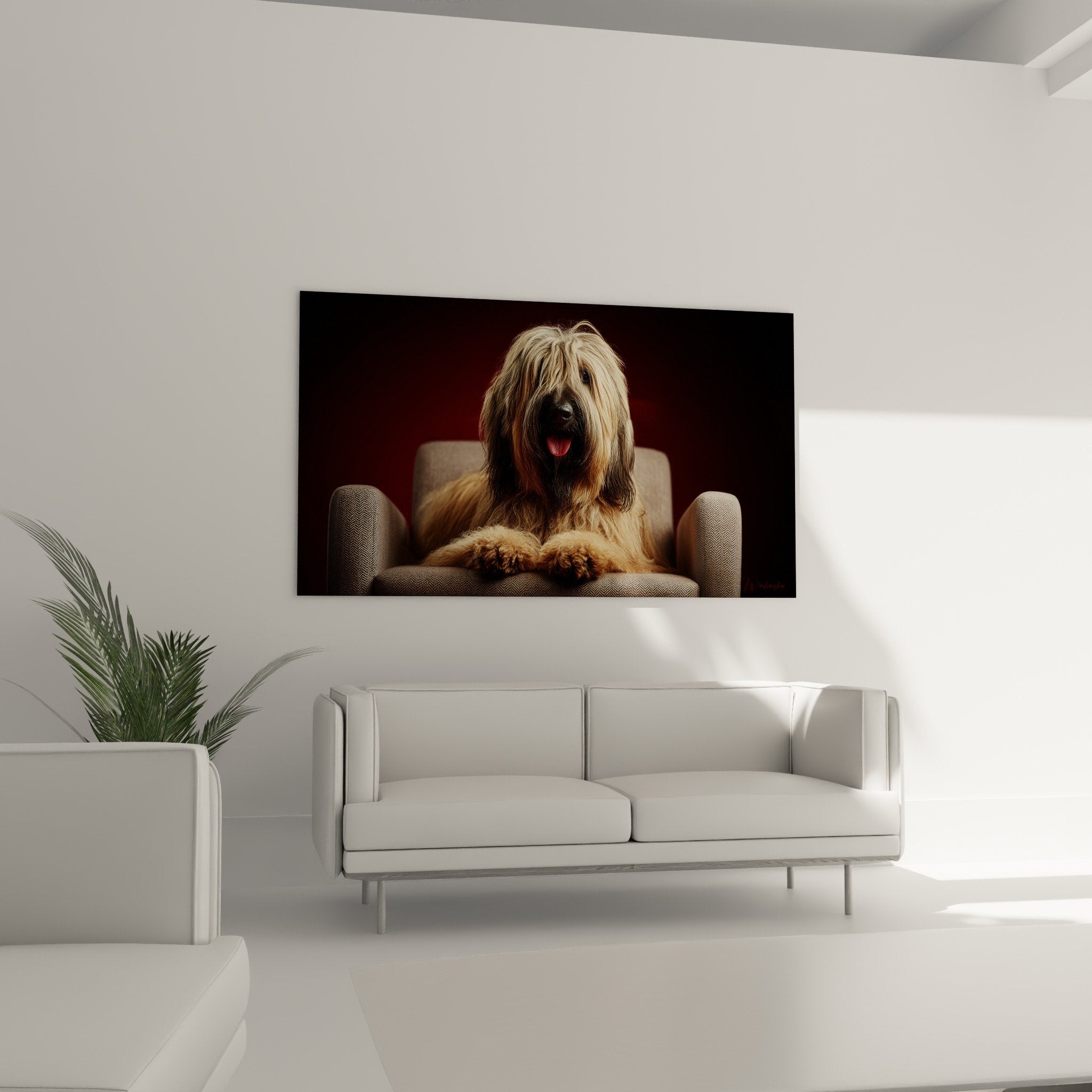 Gros plan sur Briard au pelage fauve et doré, expression bienveillante, détails du poil soyeux et brillant