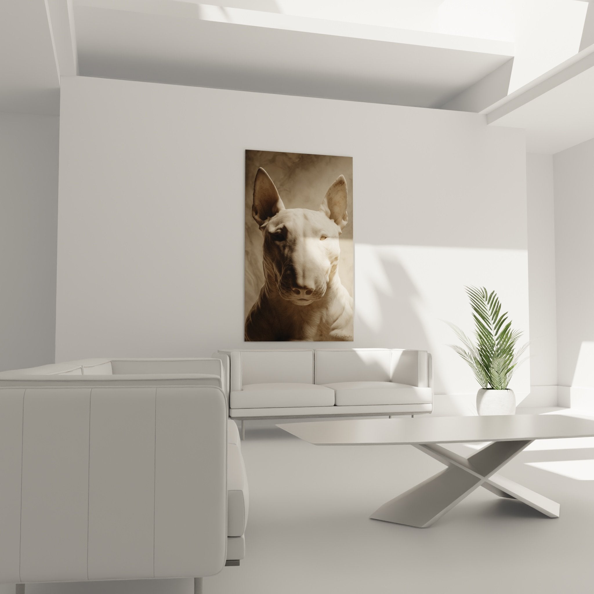 Gros plan portrait Bull Terrier blanc pelage immacule tons beiges ocres traitement artistique sepia