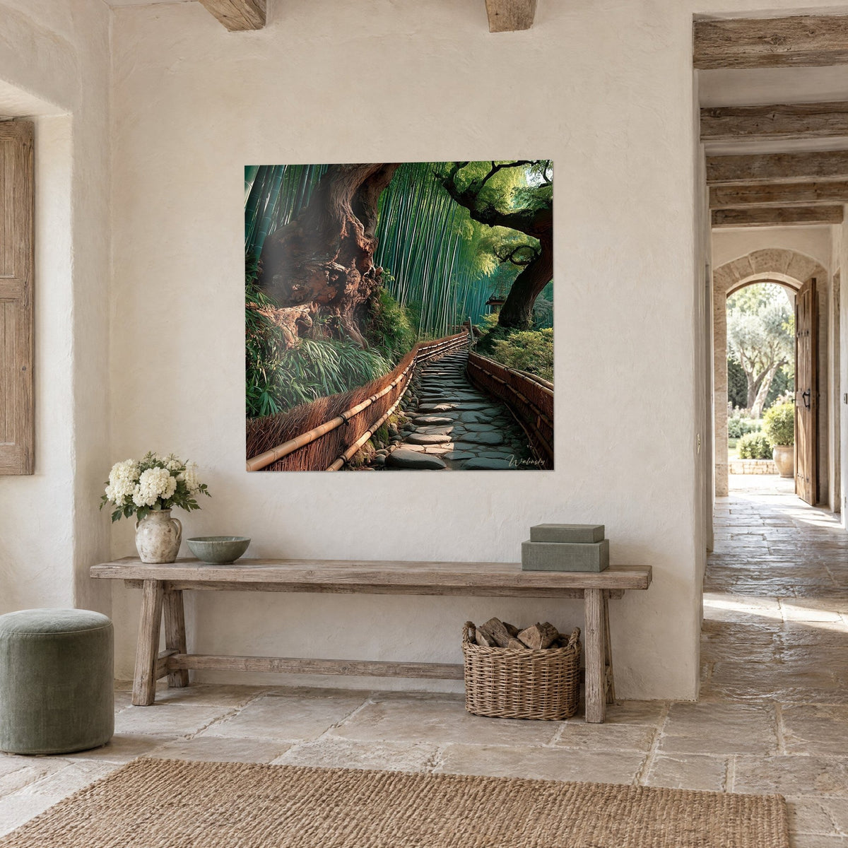 Wall art flagstone alley alongside an ochre bamboo fence beneath tall green stalks, three-quarter view in a stone house