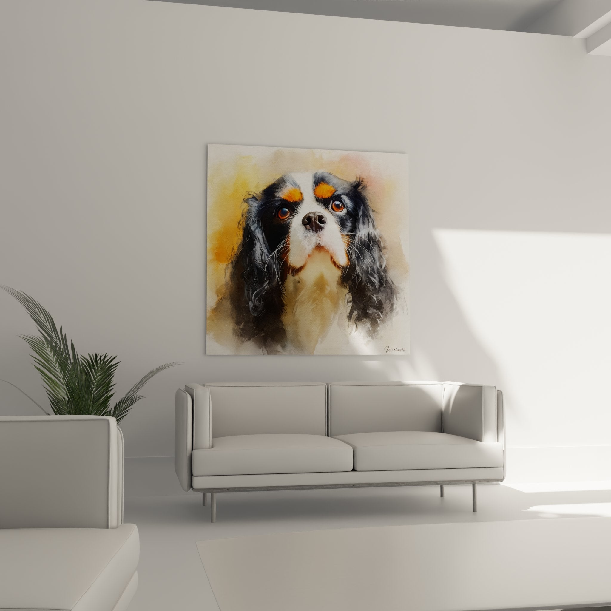 Gros plan aquarelle Cavalier King Charles yeux expressifs ambrés pelage noir blanc orange