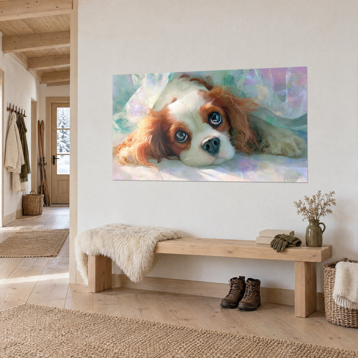Wall art of a red and white Cavalier King Charles spaniel, deep blue gaze, grey muzzle resting, turquoise and lilac veil, on a light wooden entrance wall