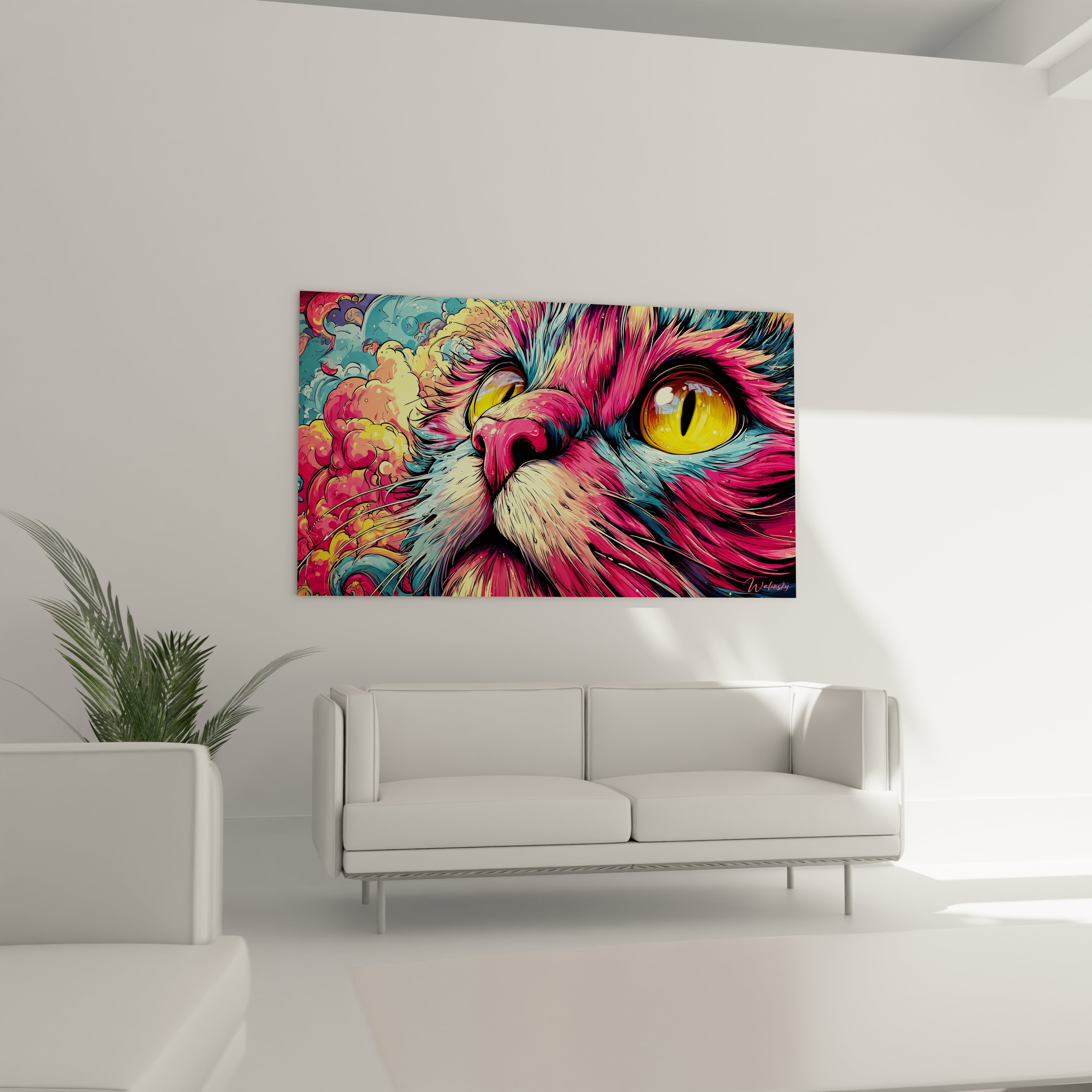 Gros plan tableau chat art psychédélique détails couleurs arc-en-ciel œil doré perçant