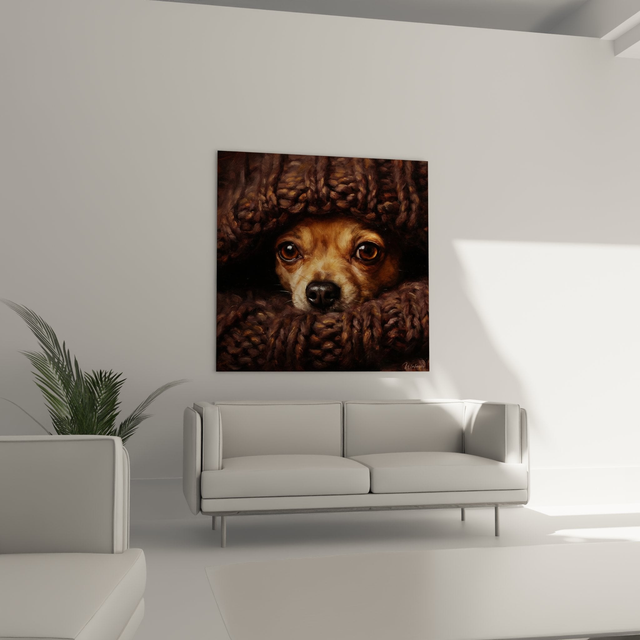 Gros plan chihuahua couverture laine tricotée texture détaillée yeux brillants art réaliste