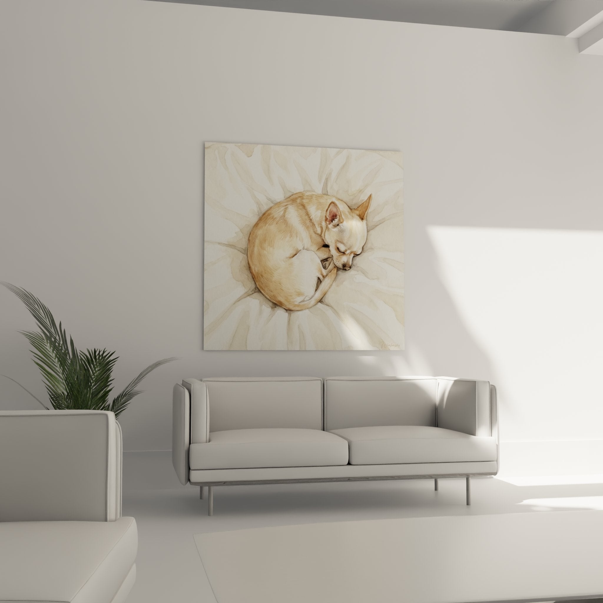 Gros plan tableau chihuahua blotti dans fleur marguerite technique picturale delicate