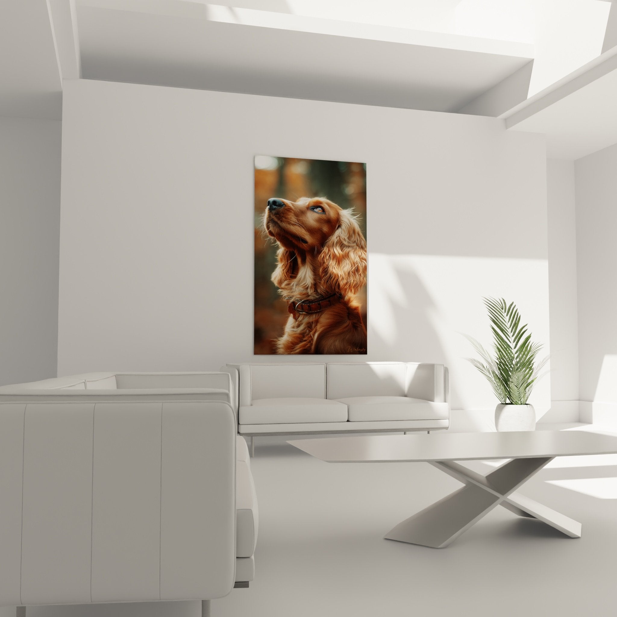 Primo piano ritratto Cocker Americano mantello dorato riccio dettaglio occhi blu espressivi arte canina realistica