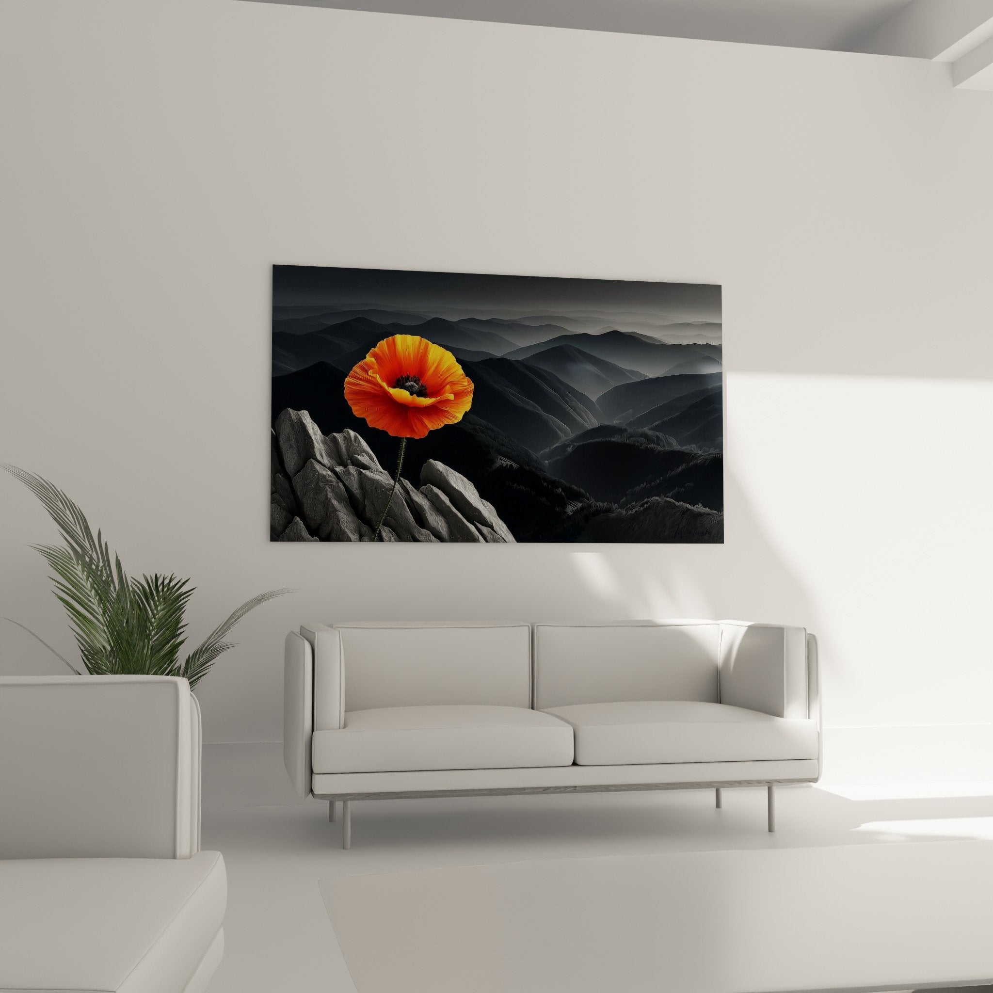 Primo piano dettagli papavero rosso arancione petali fiammeggianti centro nero texture realistica arte murale moderna decorativa