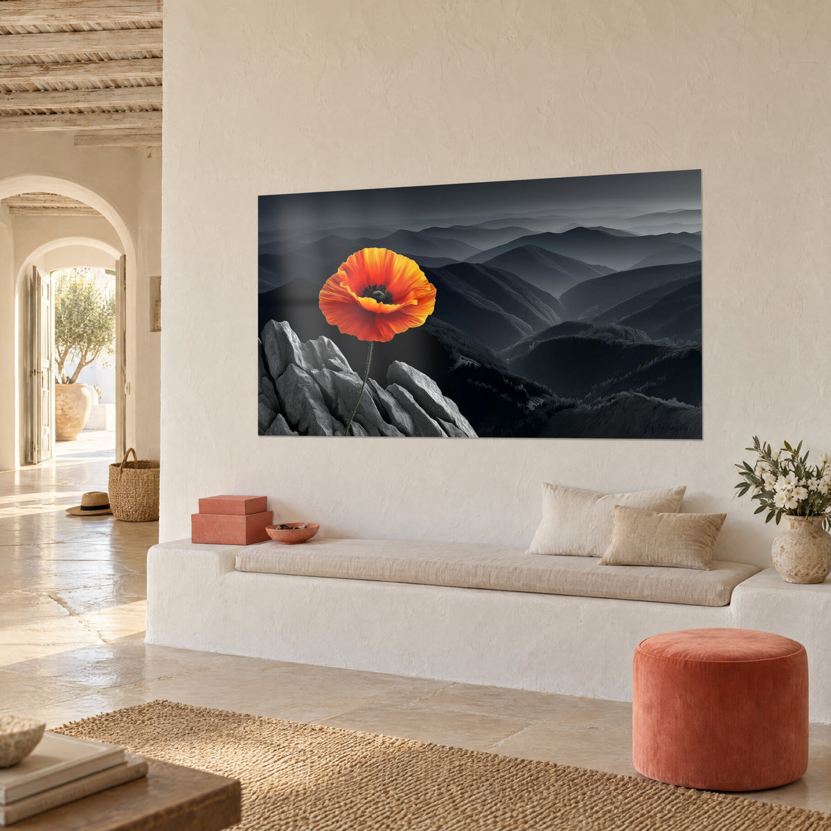 Gemälde Einzelne rotorange Blume auf grauem Felsgrat, schwarze Täler im Hintergrund, weiße Bank, mediterranes Haus