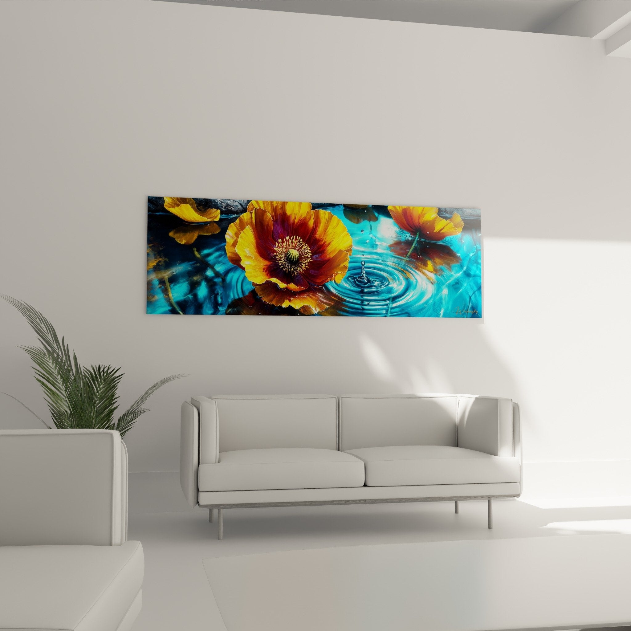 Gros plan coquelicots dorés petales cuivres reflets eau turquoise ondulations tableau edition coquelicot