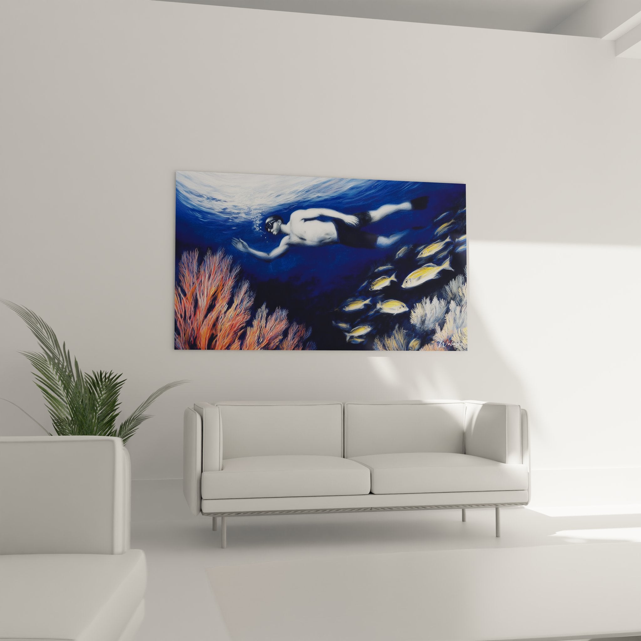 Gros plan tableau coraux colorés poissons tropicaux détails peinture fonds marins art aquatique mural