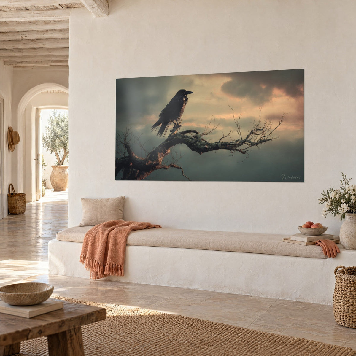 Wall art night bird with ink-black feathers, twisted branch and slate clouds, orange sky, in a Mediterranean house lounge