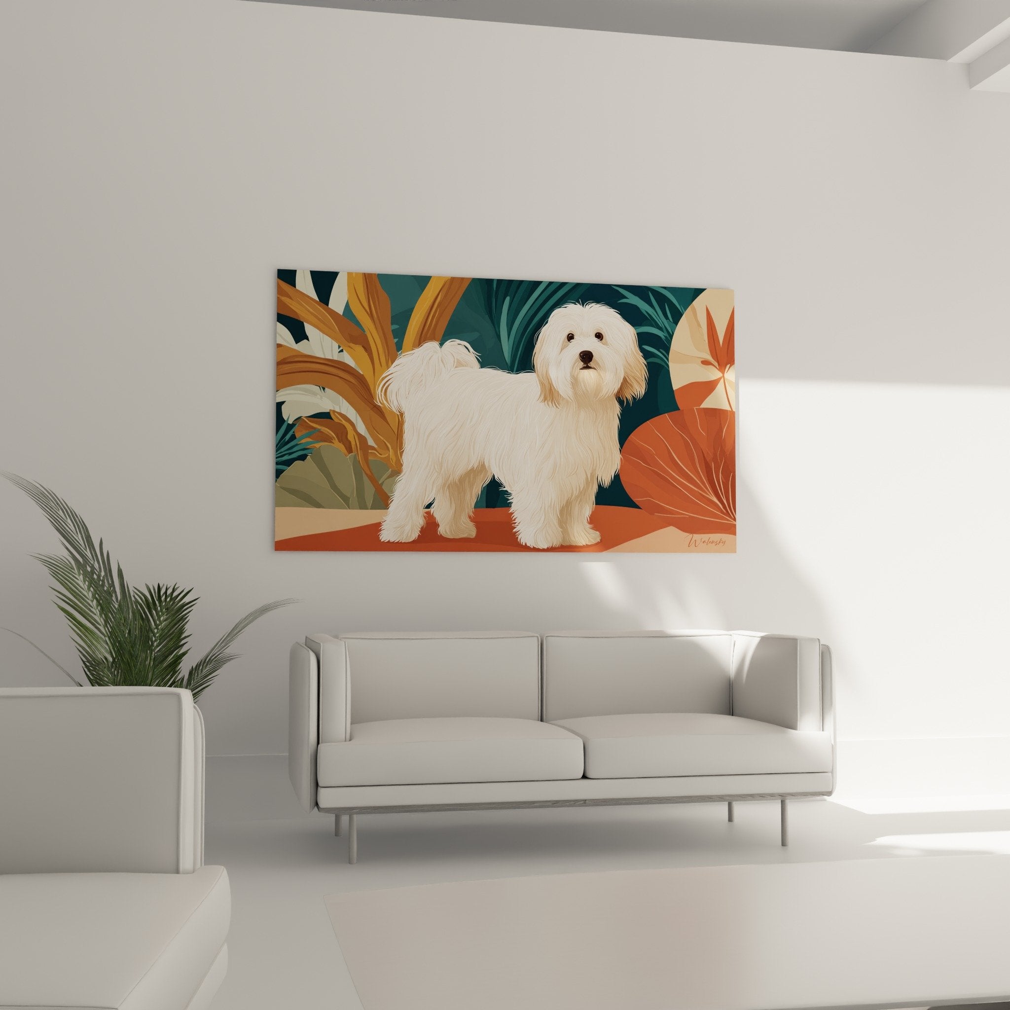 Nahaufnahme der Illustration eines Coton de Tuléar mit seidenartigem weißem Fell und zartem Blick