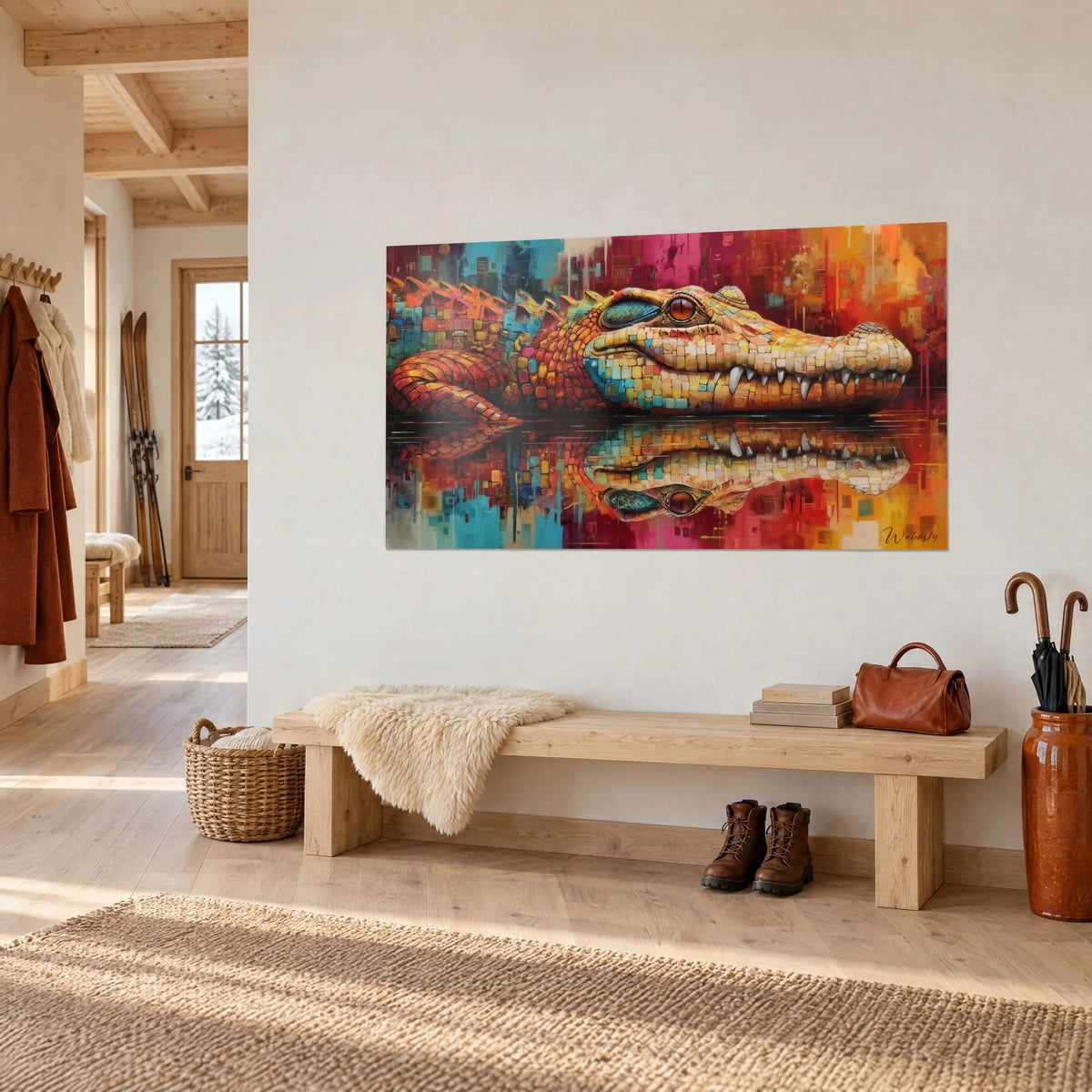 Gemälde Reptil mit goldenen und roten Schuppen, gezähntes Maul auf dem Wasser ruhend, an einer weißen Wand neben einer Holzbank
