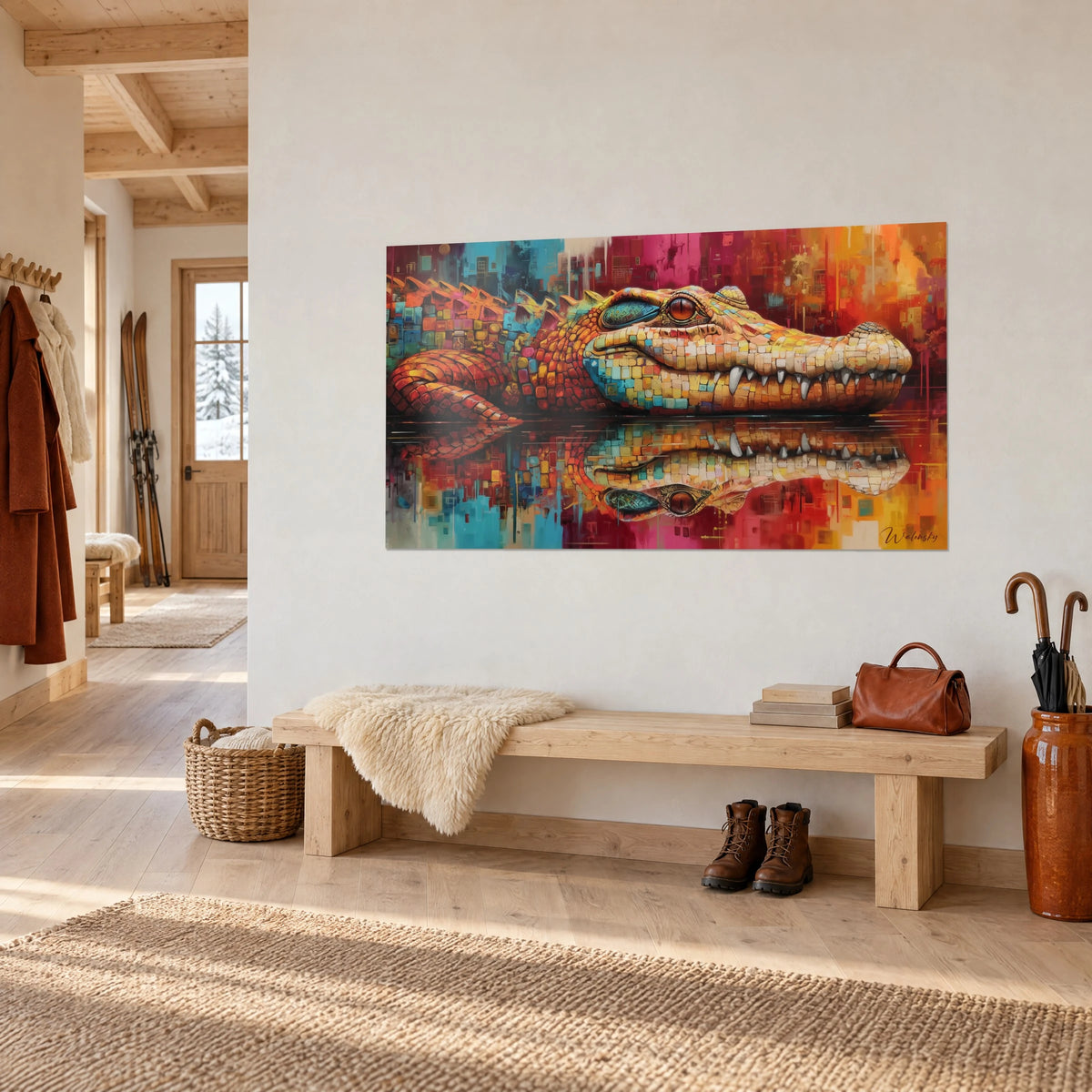Gemälde Reptil mit goldenen und roten Schuppen, gezähntes Maul auf dem Wasser ruhend, an einer weißen Wand neben einer Holzbank