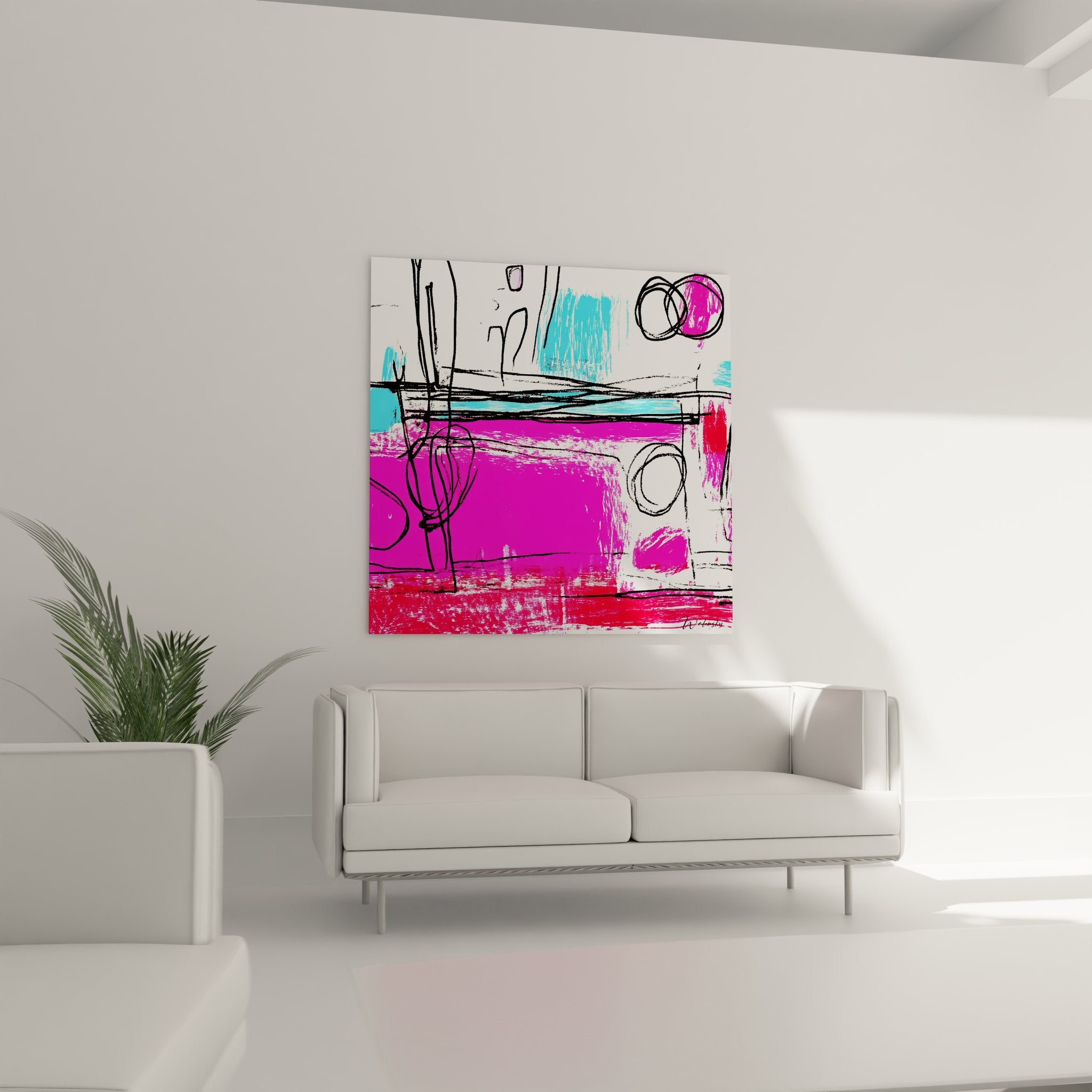 Détail gros plan tableau abstrait montrant traits expressifs noirs et couleurs vives rose magenta