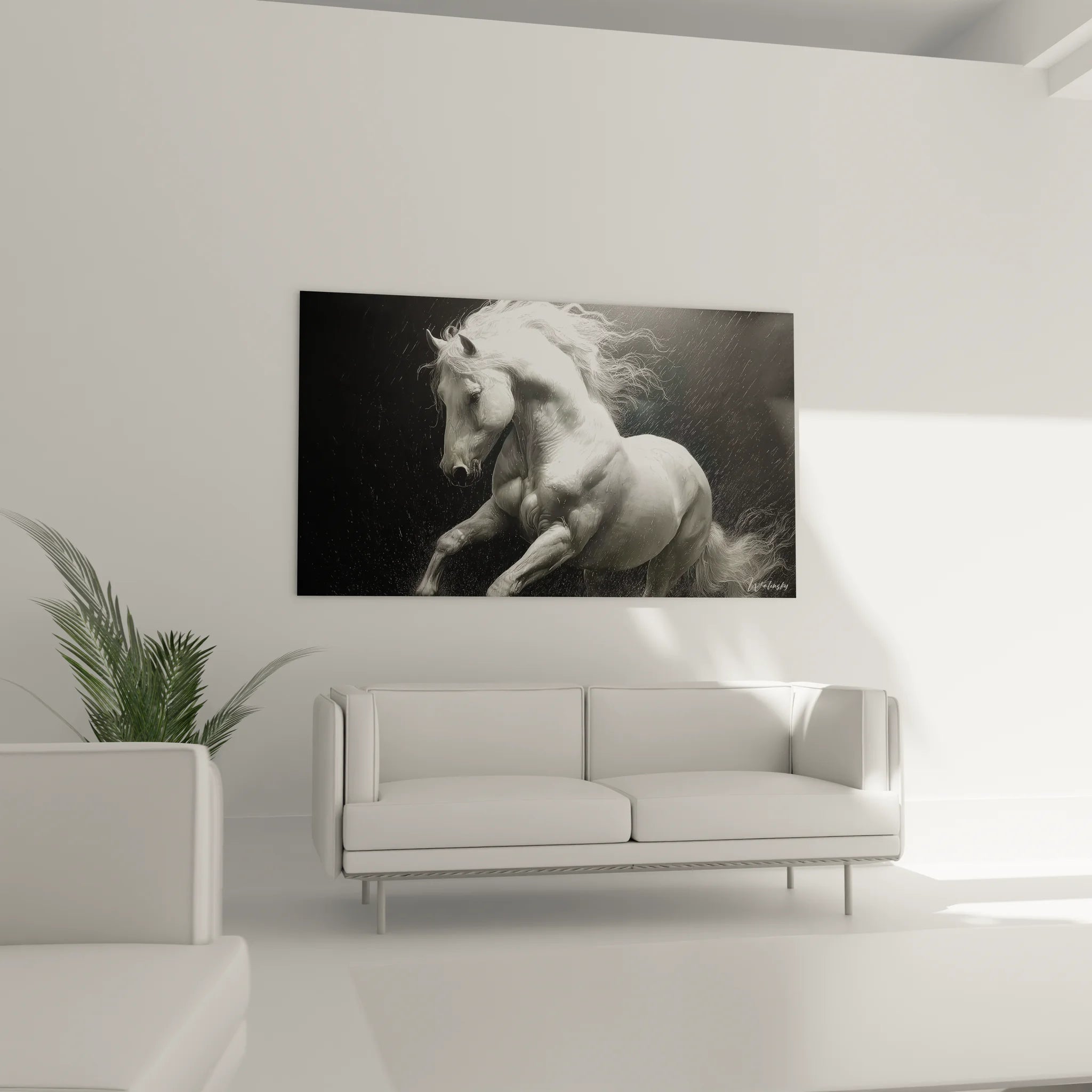 Gros plan détail tableau cheval blanc musculature art animalier noir et blanc