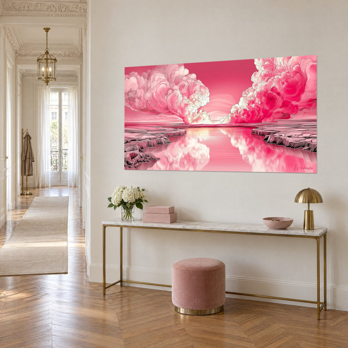 Wall art phantasmagorical explosion with raspberry and ivory clouds, mirror lagoon, three-quarter view of a gilded console