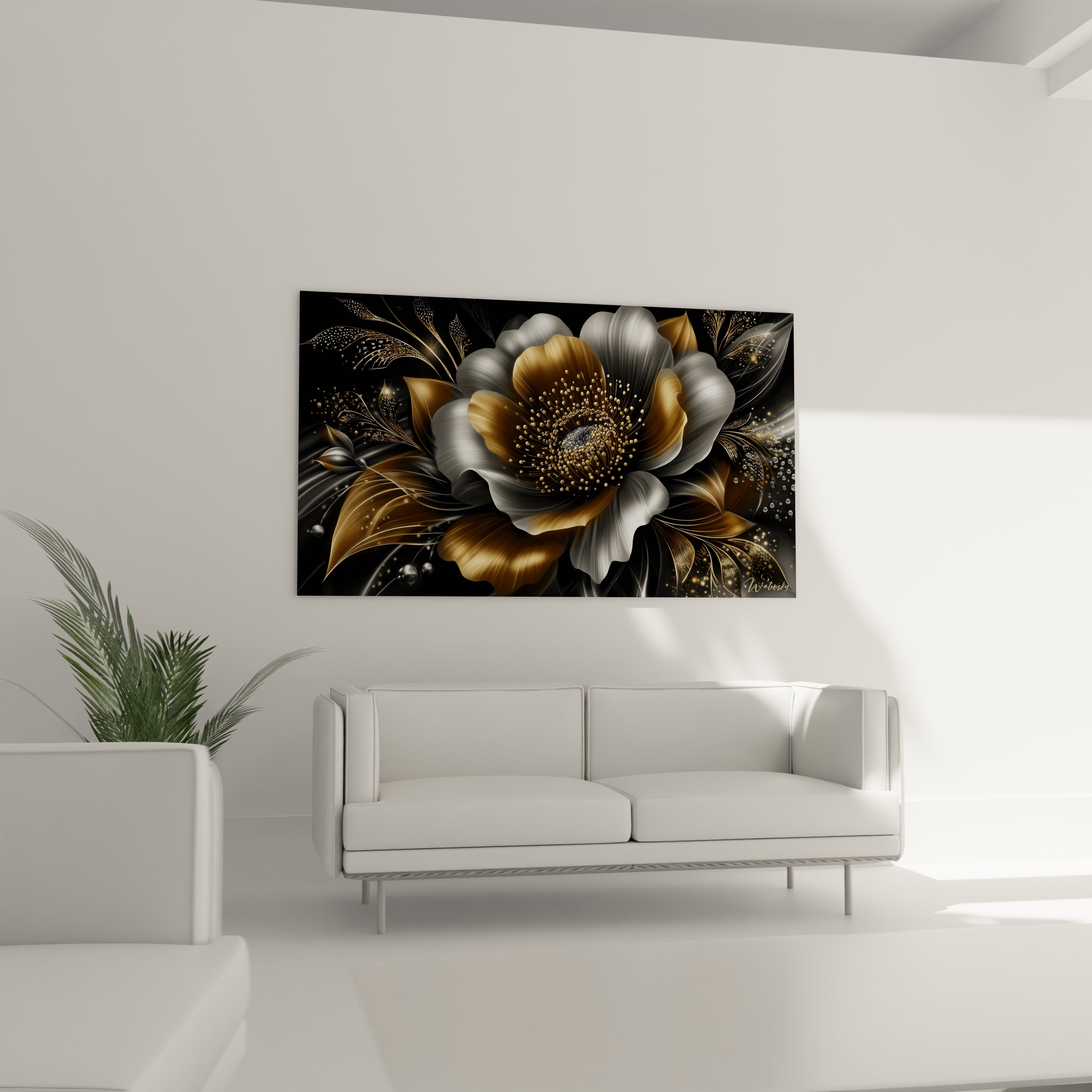 Gros plan détails fleur dorée métallique - texture précieuse et finitions luxueuses tableau mural