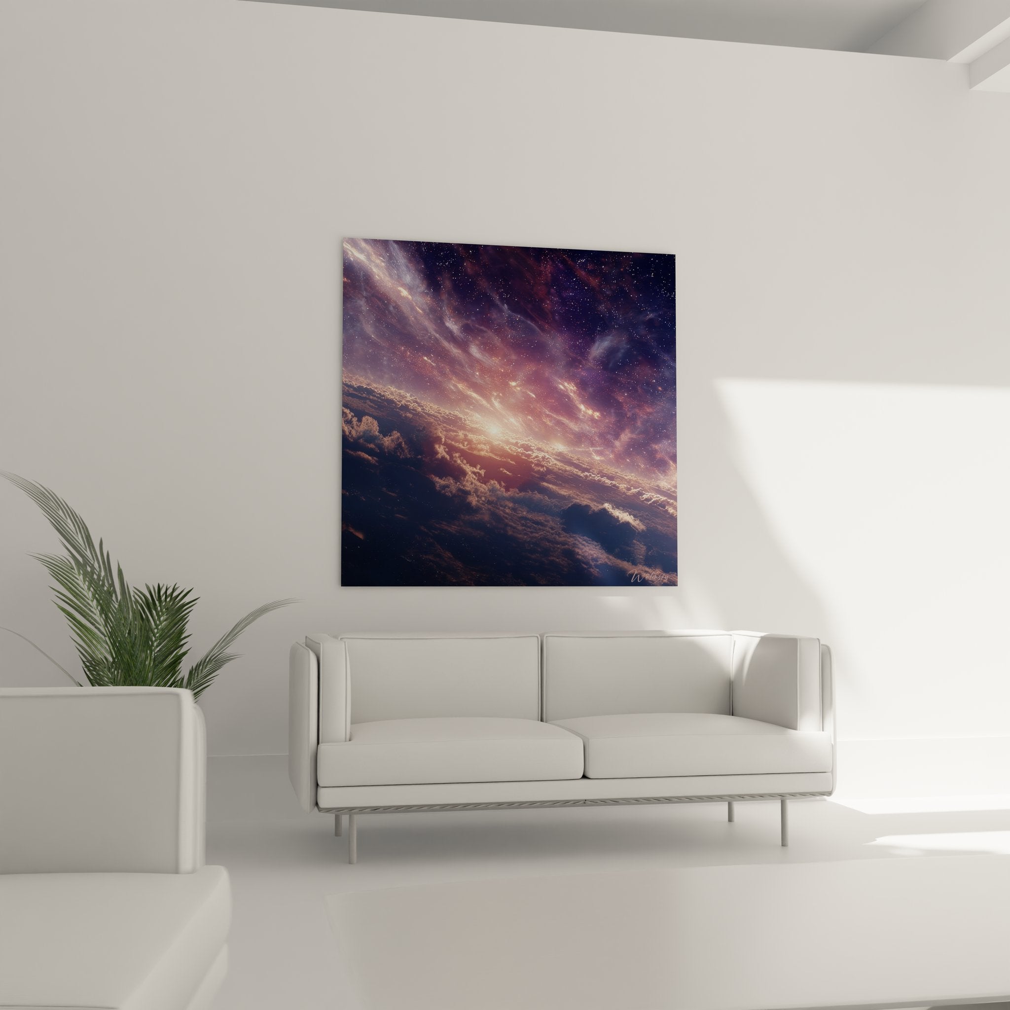 Gros plan détaillé textures nuages dorés cosmiques avec effets lumière et particules stellaires scintillantes