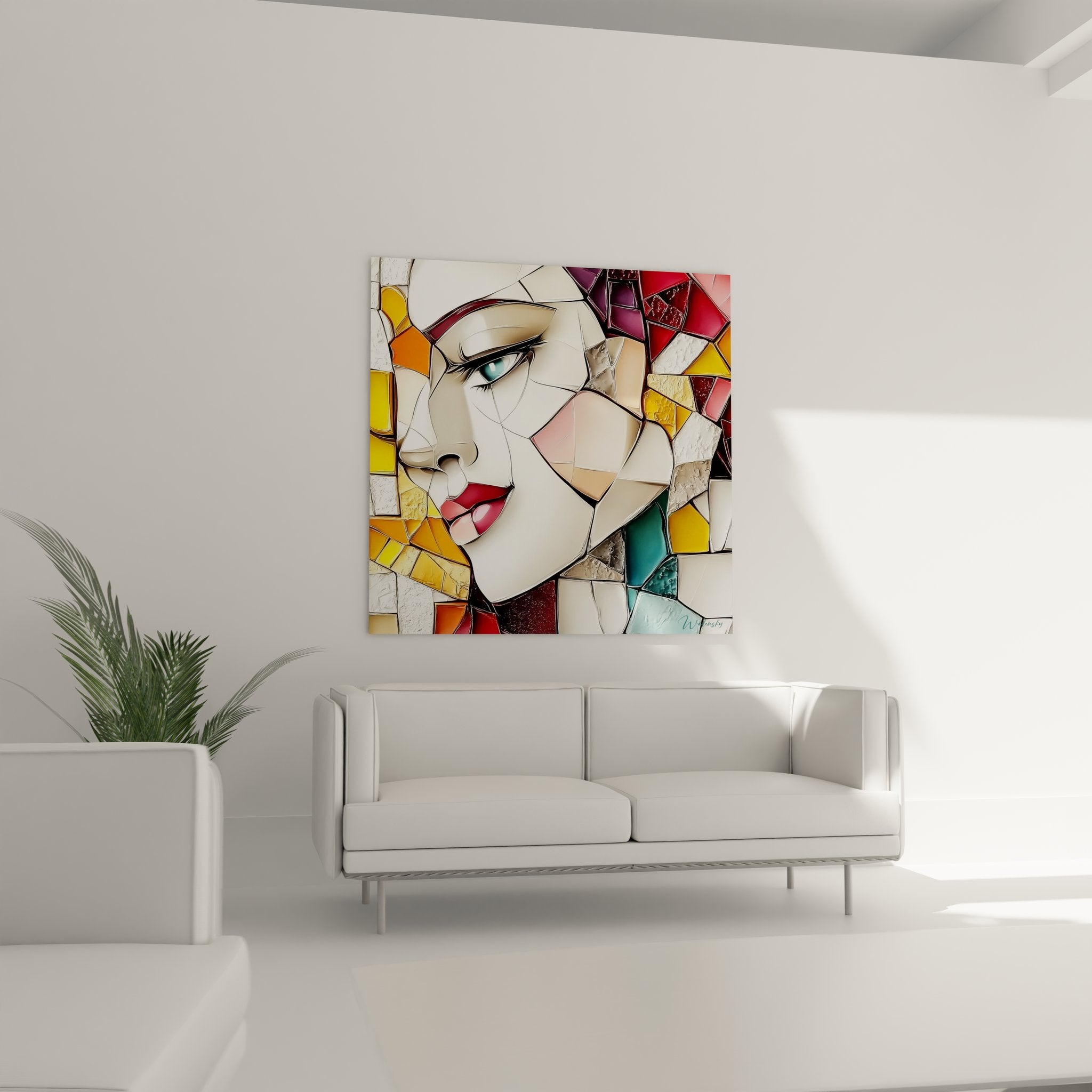 Gros plan détails vitraux portrait femme yeux bleus et fragments colorés