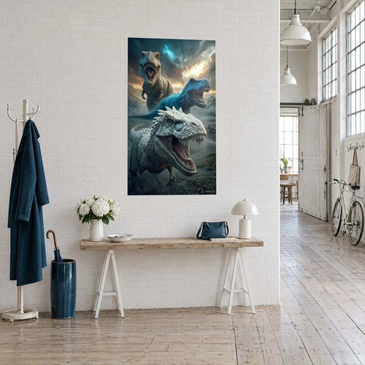 Wall art prehistoric titans mid-roar, jaws wide open, ivory fangs, orange and blue sky, wooden console, bright artist loft