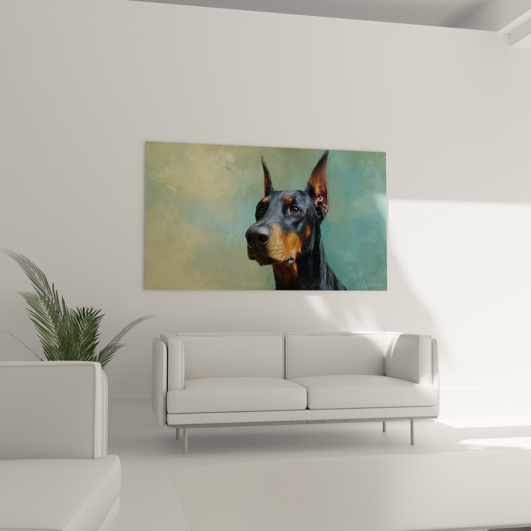 Primo piano ritratto doberman occhi colore miele mantello nero riflessi dettagli artistici realistici