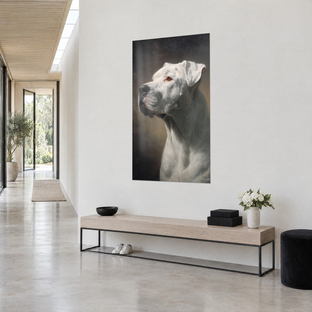 Wall art oil painting of a dog portrait, black muzzle and ivory coat on a bronze background, bright entrance hall, wooden bench