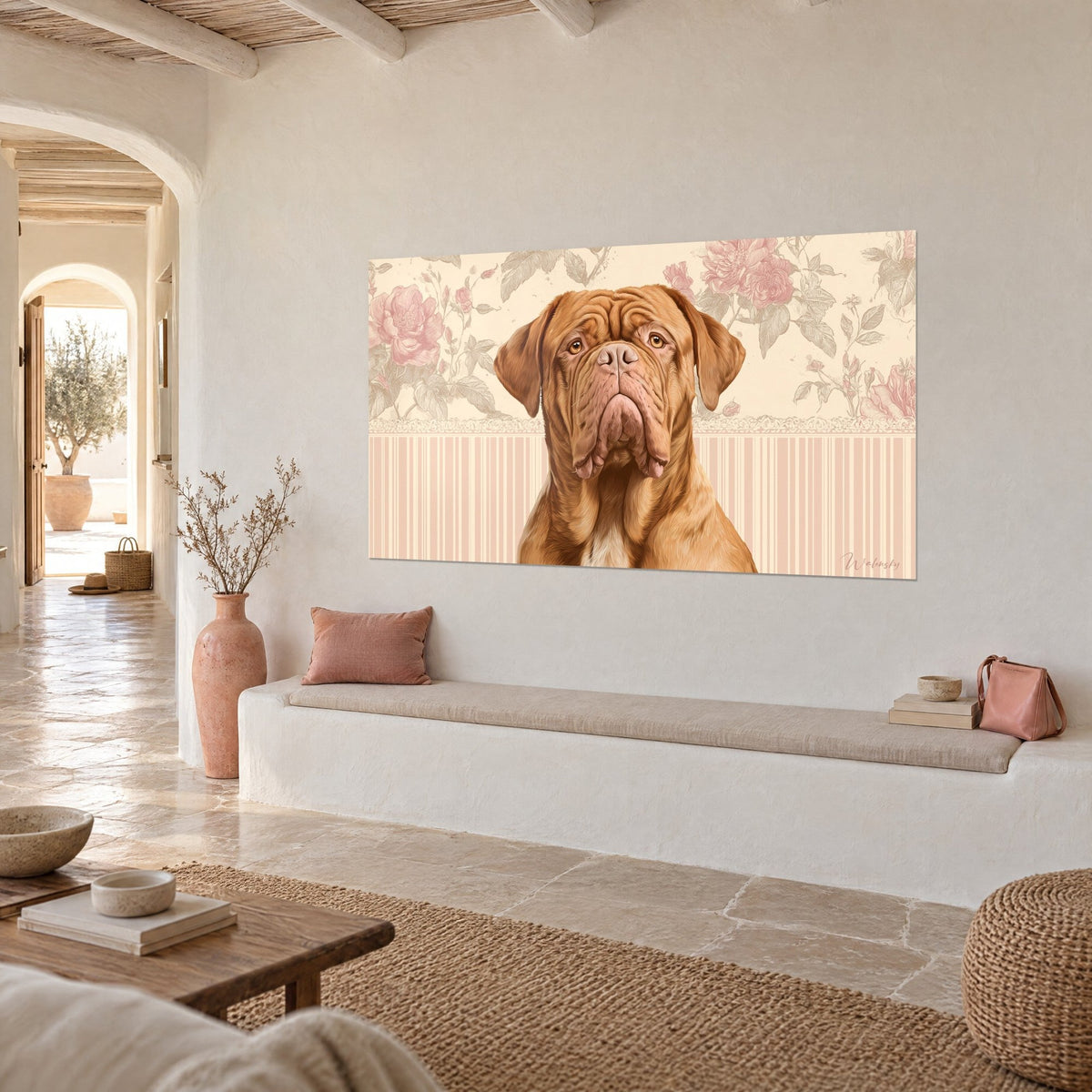 Cuadro bulldog francés con mirada ámbar, peonías rosas y rayas crema sobre una pared blanca de una casa mediterránea