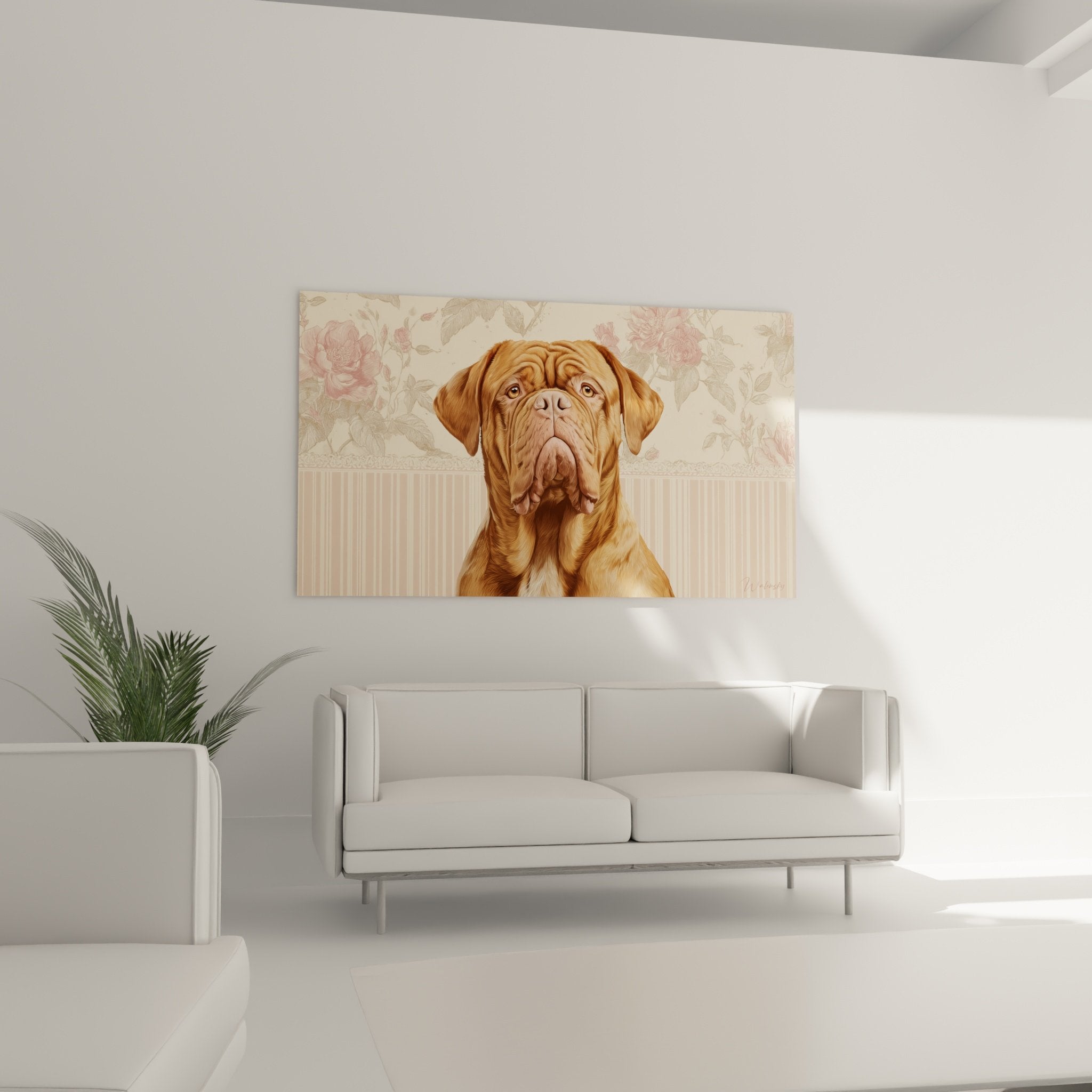 Gros plan portrait Dogue de Bordeaux expression melancolique fond motifs floraux