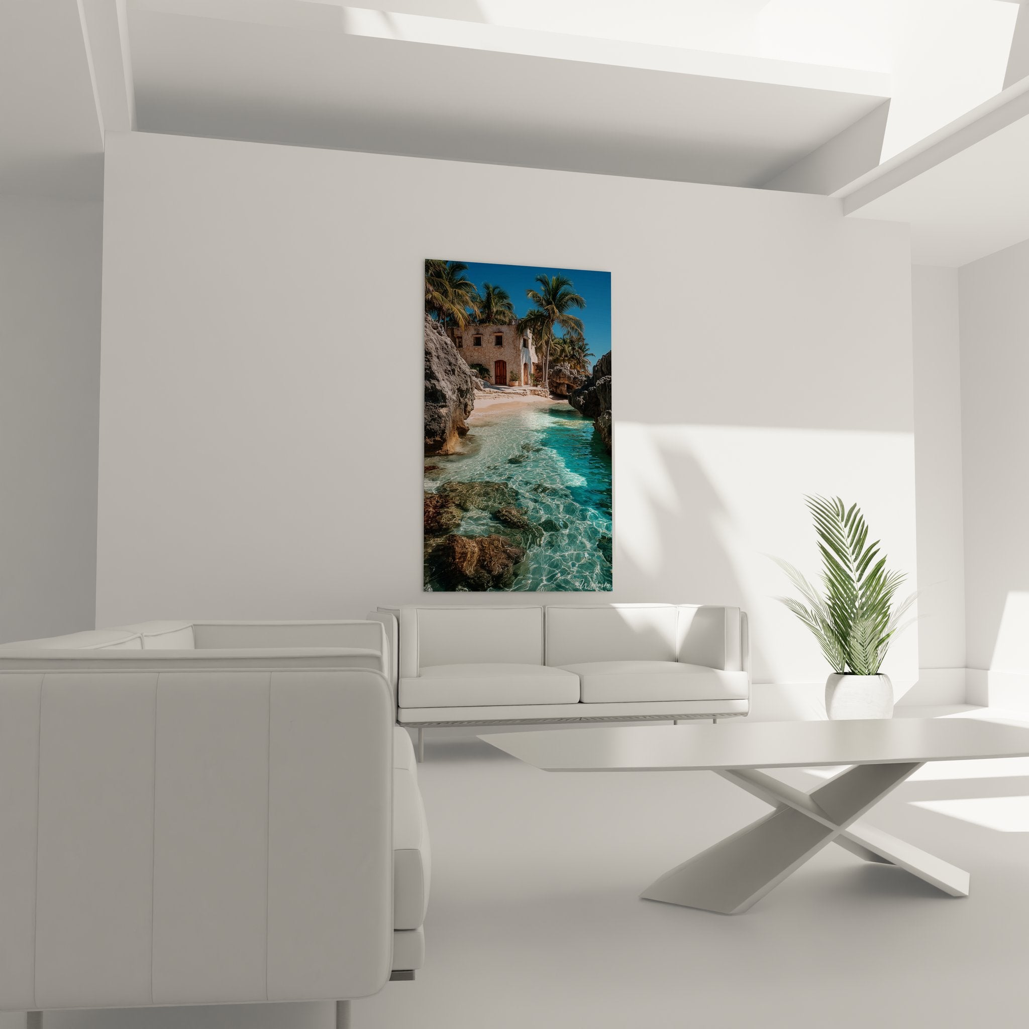 Gros plan tableau eaux turquoise cristallines crique tropicale reflets lumière détails fond marin