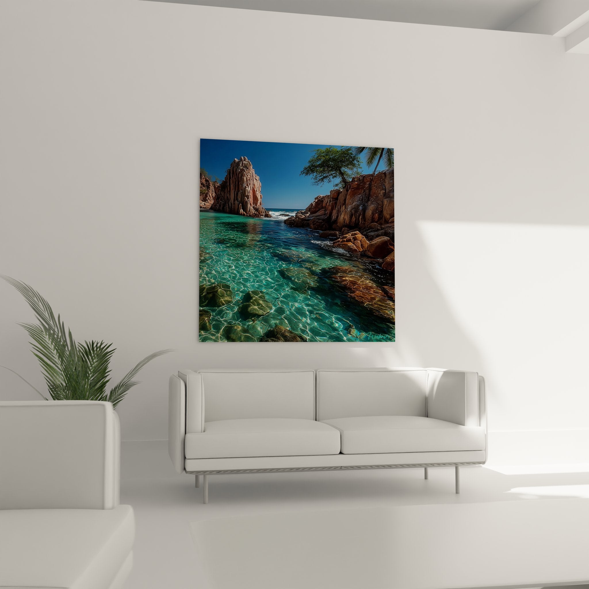 Gros plan tableau eaux turquoise transparentes rochers érodés détails paysage marin tropique