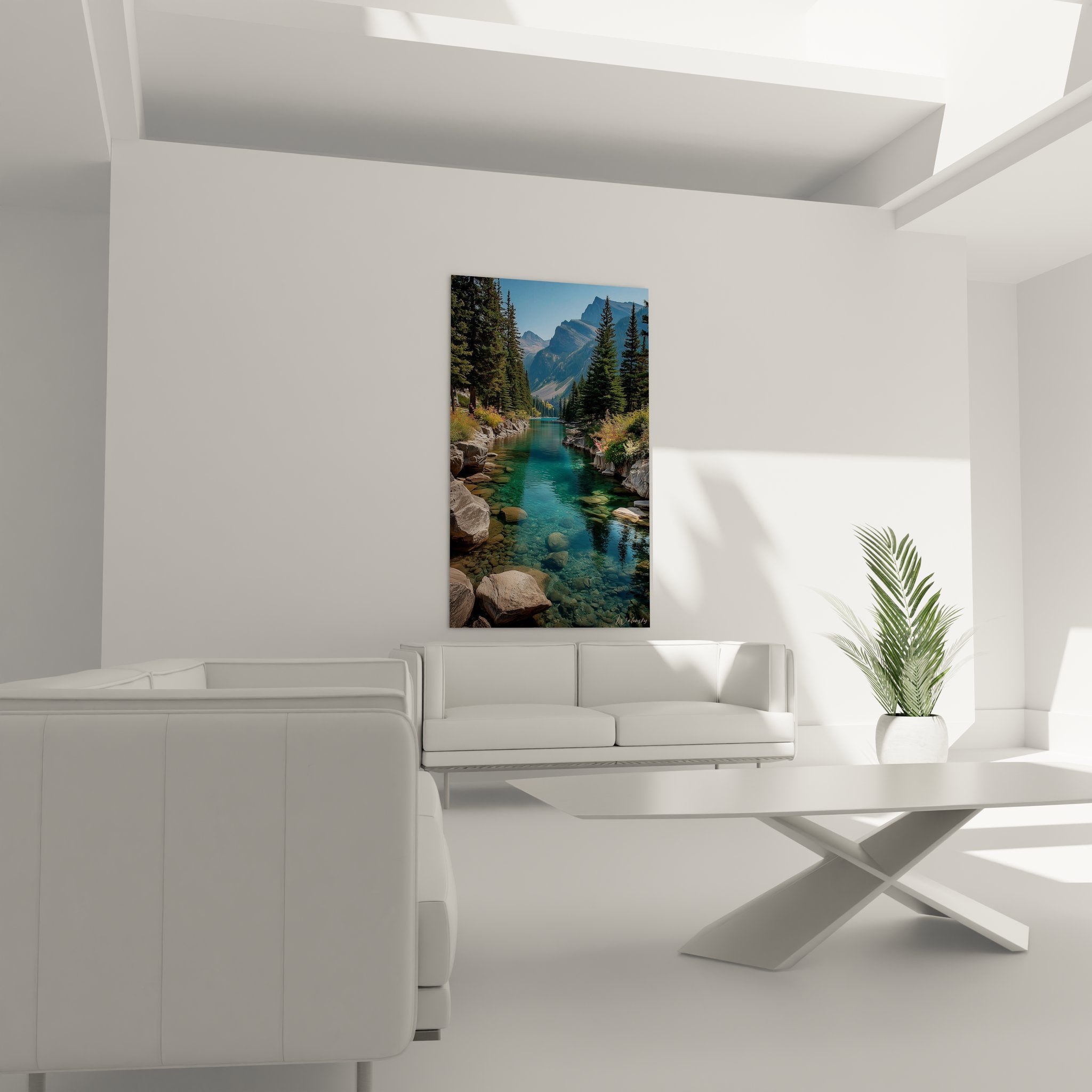 Gros plan tableau eaux turquoise transparentes avec galets visibles au fond de la rivière