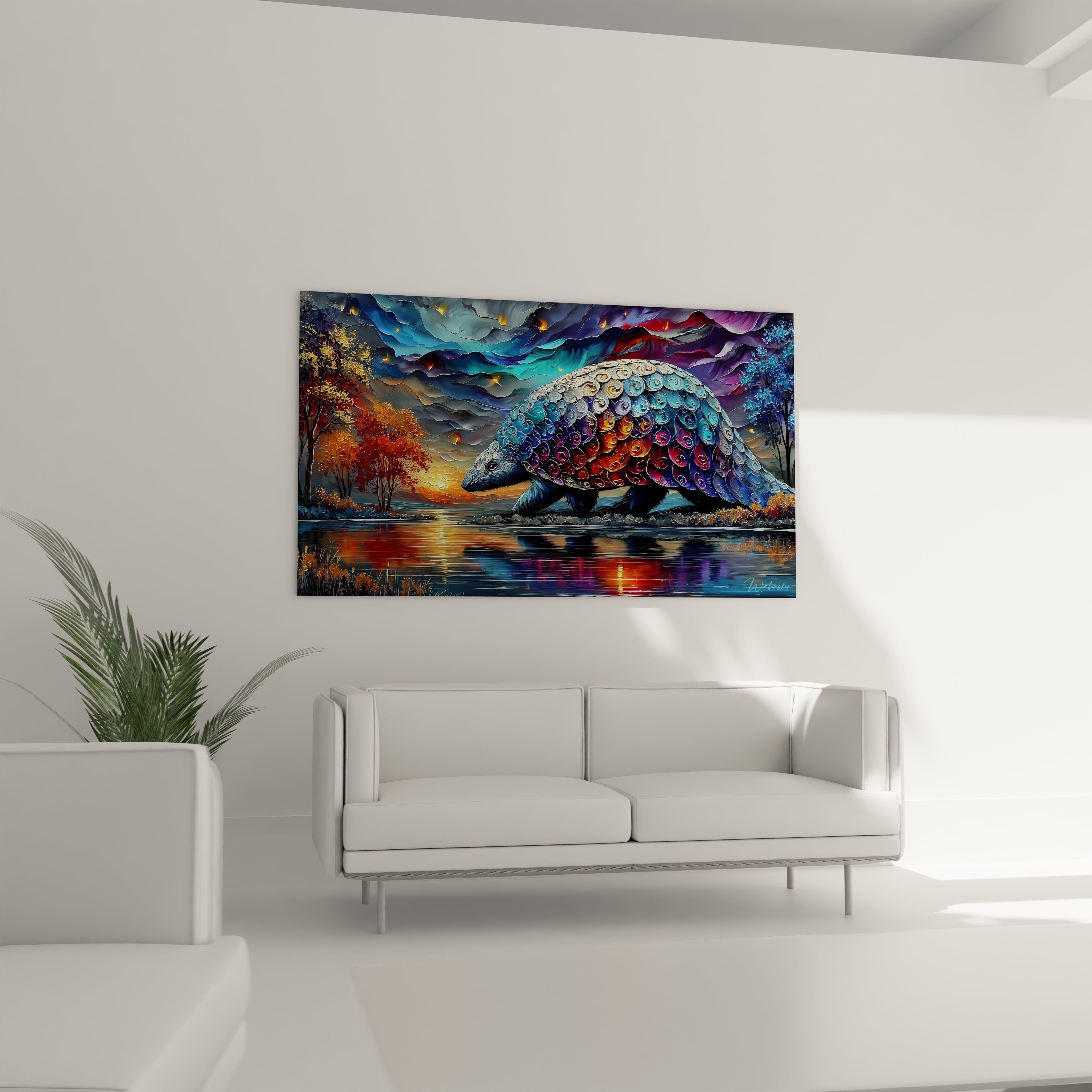 Gros plan détaillé des écailles iridescentes multicolores du tatou fantastique tableau art digital