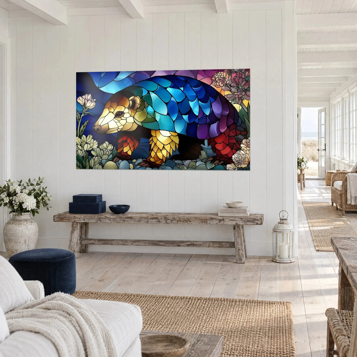 Quadro animale corazzato preistorico in mosaico di vetro, dorso turchese e muso crema, fiori rosa, sopra una panca rustica