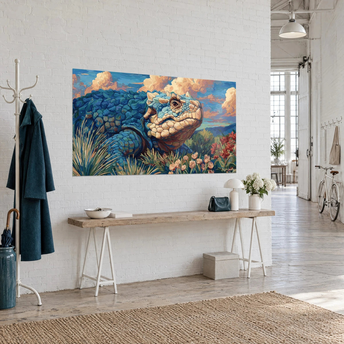 Wall art armored dinosaur with a brown eye, turquoise and beige plates against an orange sky, three-quarter view, artist loft