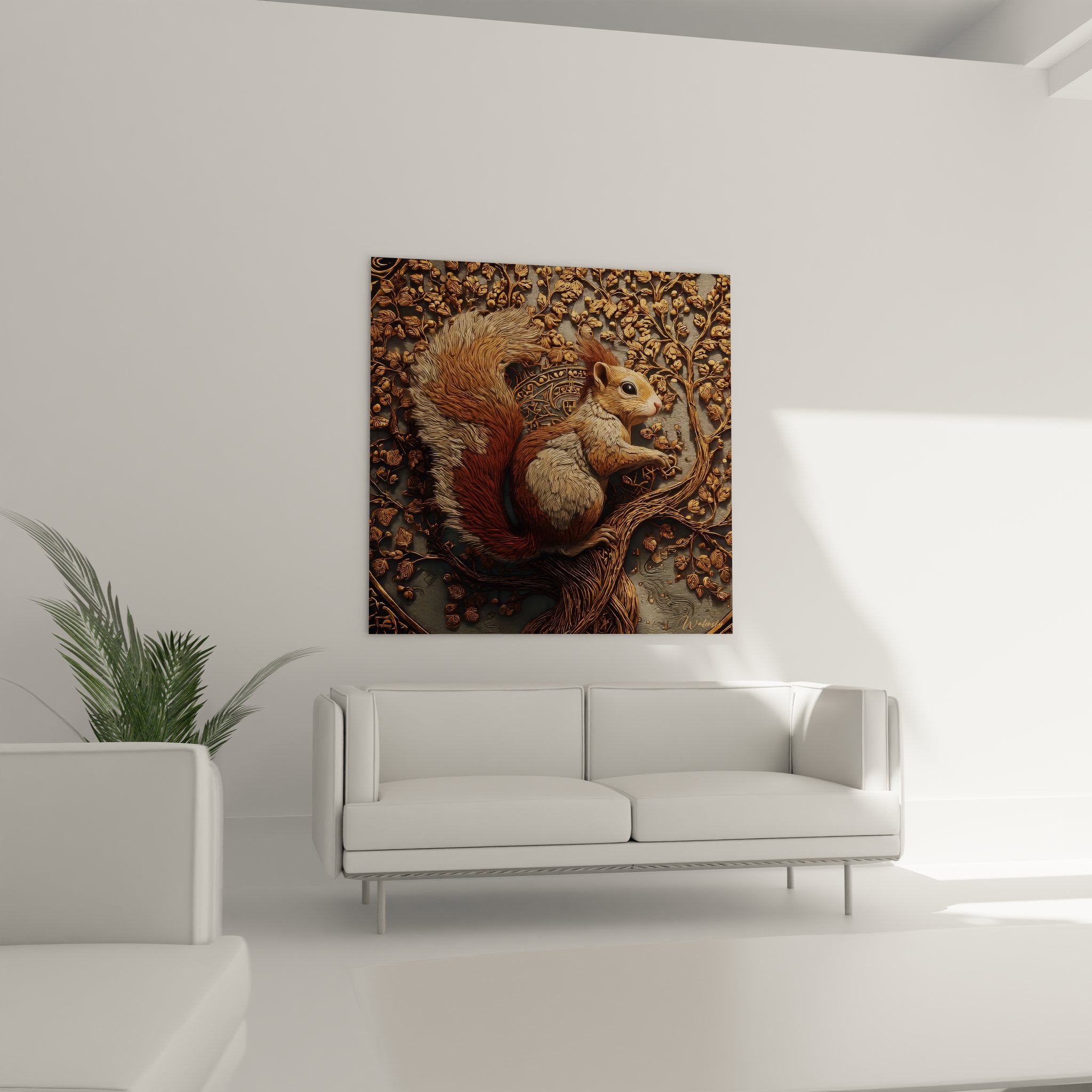 Gros plan sur les détails sculptés de l'écureuil en relief doré avec texture du pelage et ornements