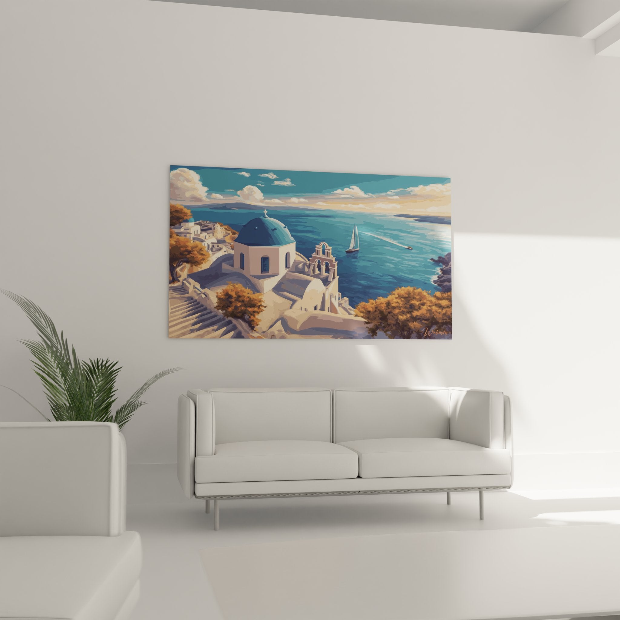 Gros plan tableau église orthodoxe Santorin dôme bleu architecture grecque détails Cyclades