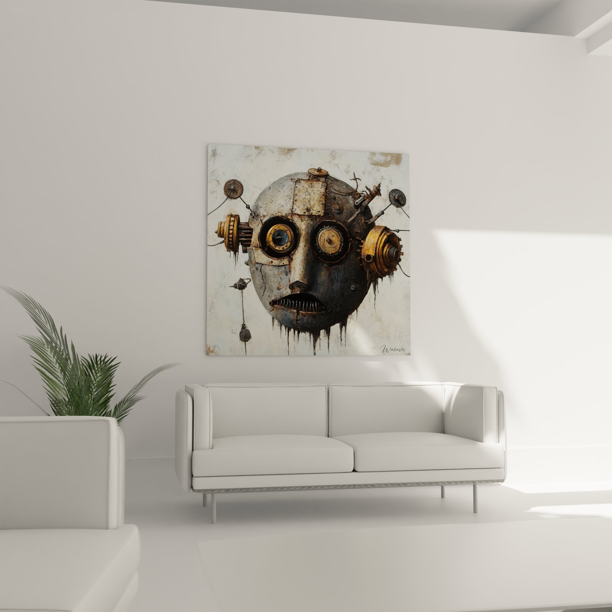 Gros plan détaillé des engrenages dorés et mécanismes du tableau robot steampunk industriel